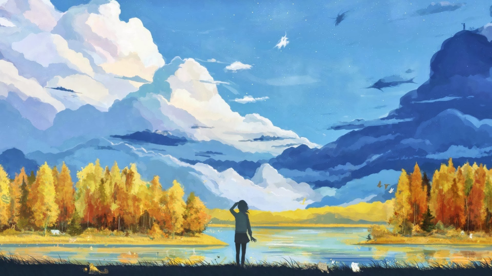 Anime girl looking at the sky with autumn trees HD Wallpaper
