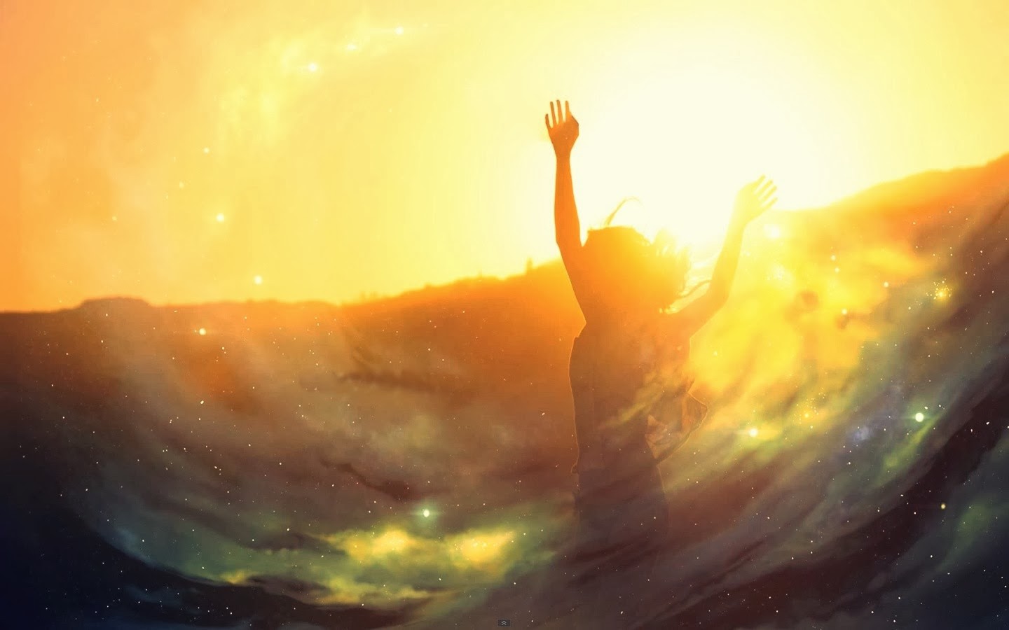 Woman with arms up in sunlight and nebula HD Wallpaper