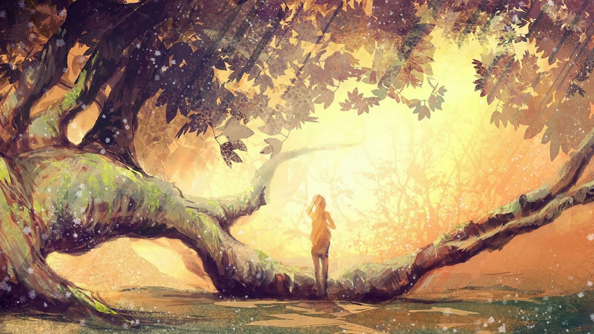 Anime girl standing on a large tree branch in a forest HD Wallpaper