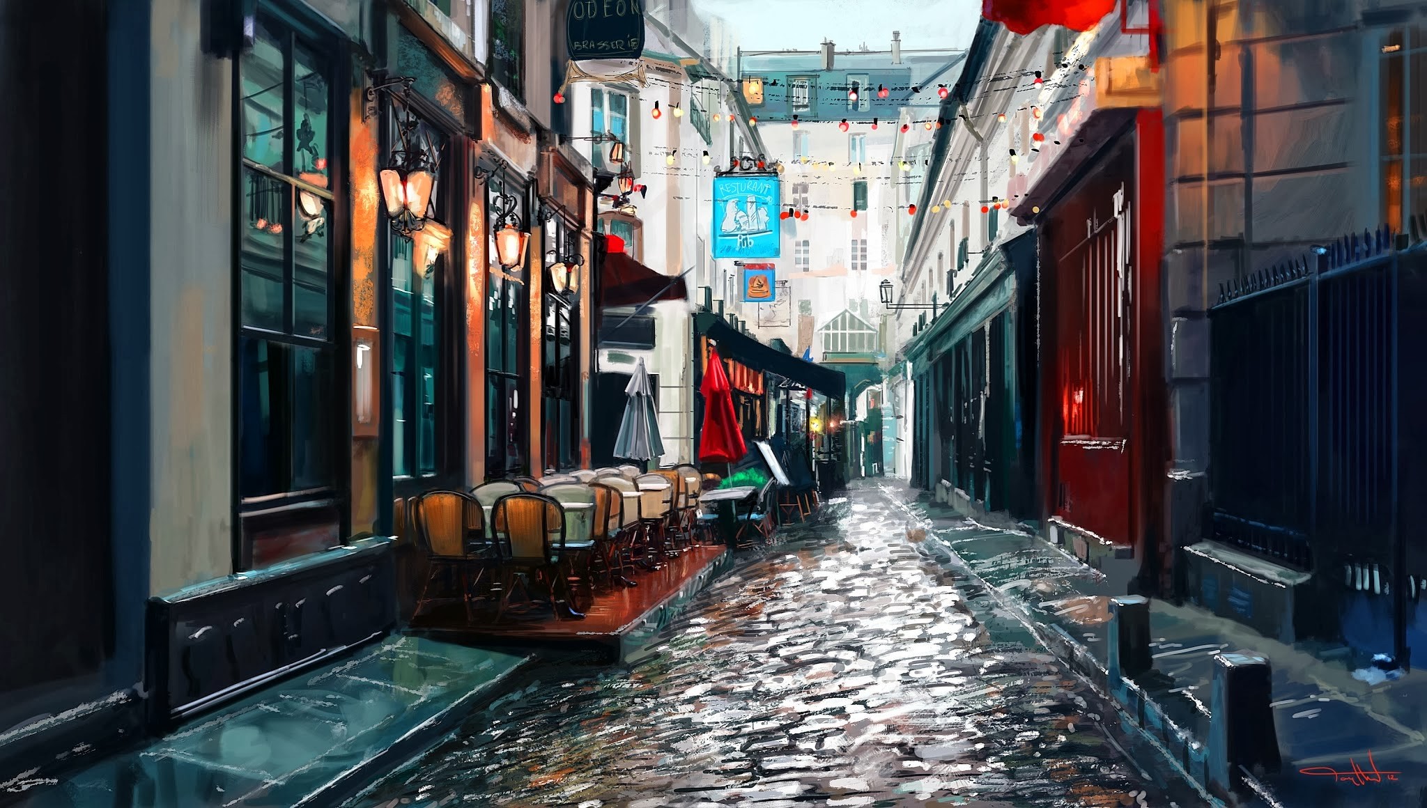 Parisian street with cafes and cobblestones HD Wallpaper