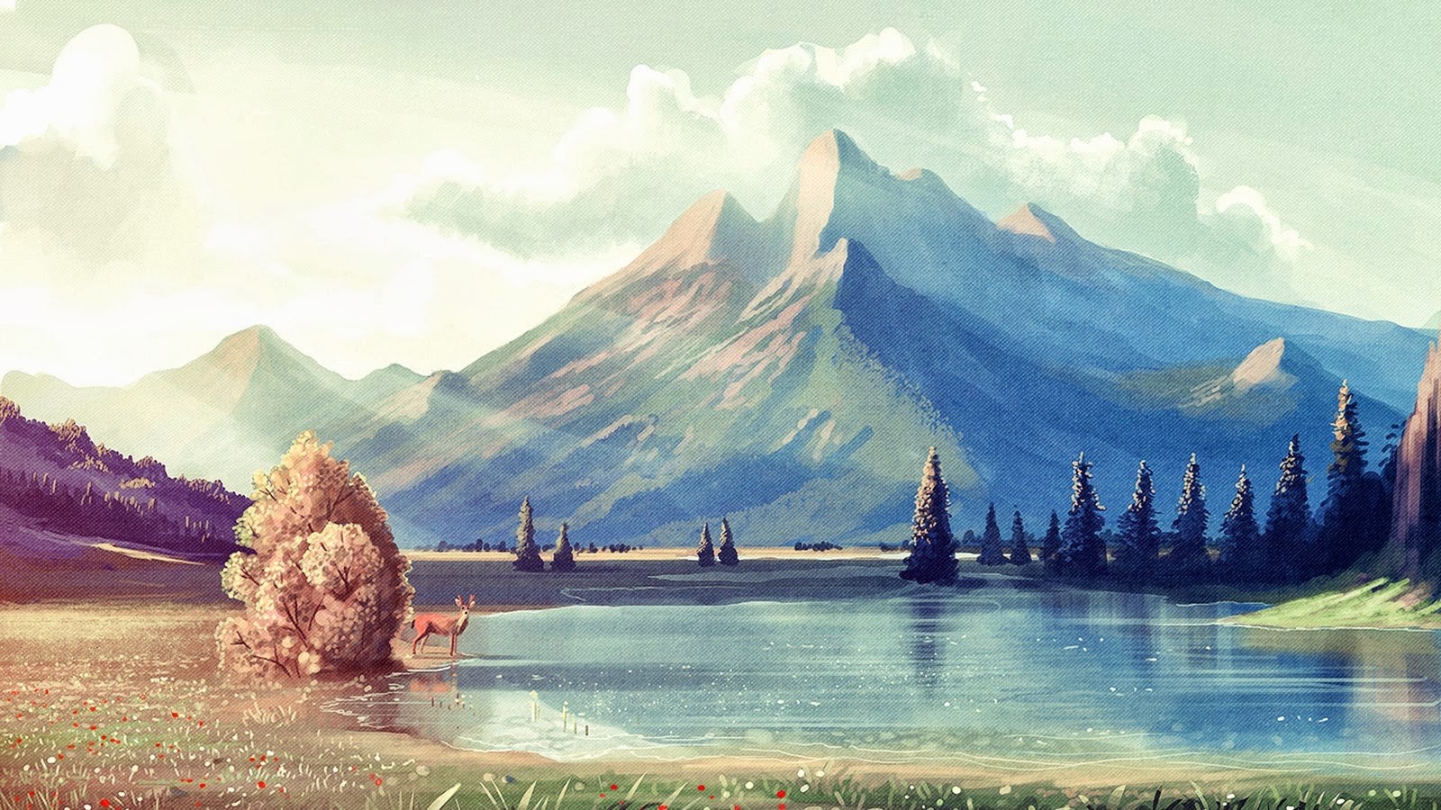 Digital art landscape with mountains, lake, and deer HD Wallpaper
