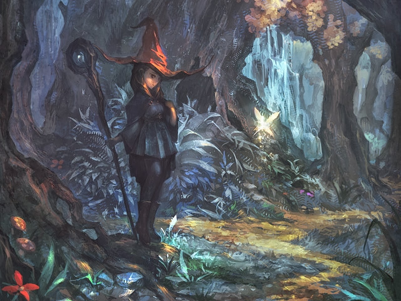 Fantasy girl with a staff in a magical forest HD Wallpaper