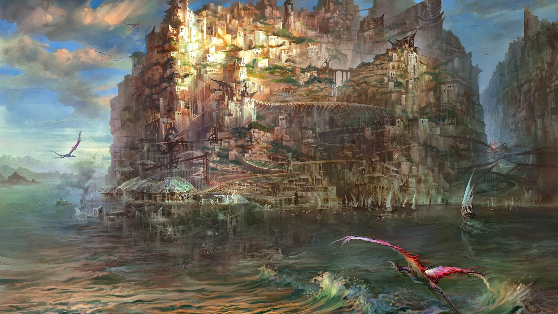 Fantasy city built on a cliffside overlooking the sea with dragons HD Wallpaper