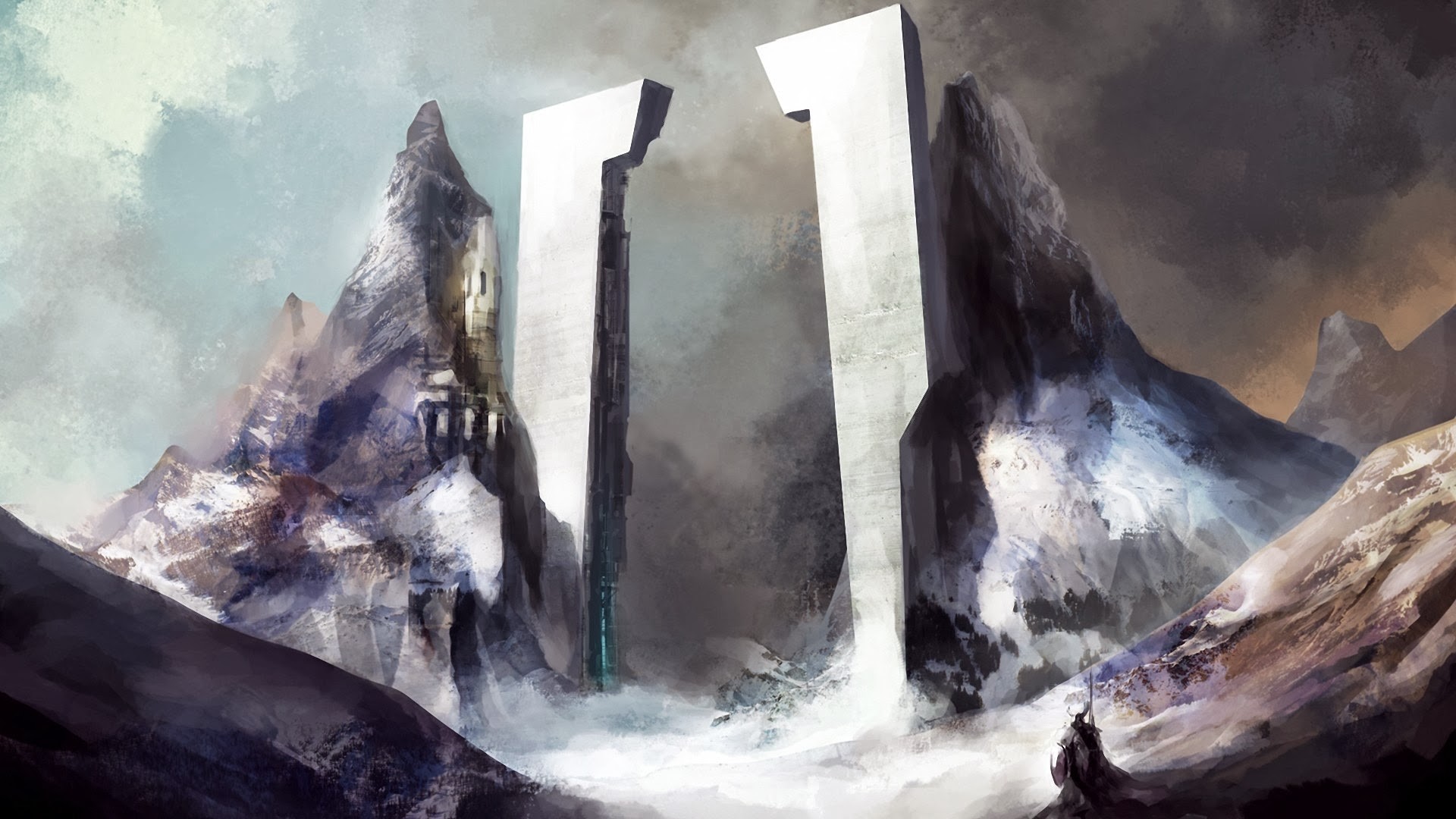 Fantasy art of a desolate mountain pass with monoliths HD Wallpaper