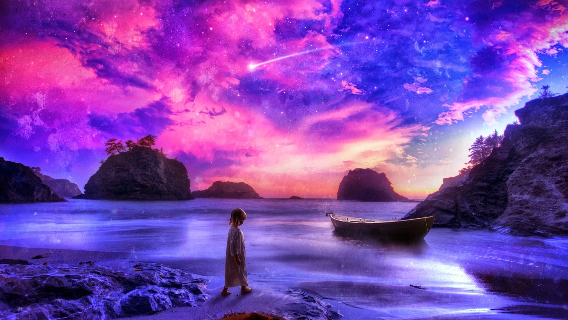 Fantasy art of a child on a beach with a boat under a colorful sky HD Wallpaper