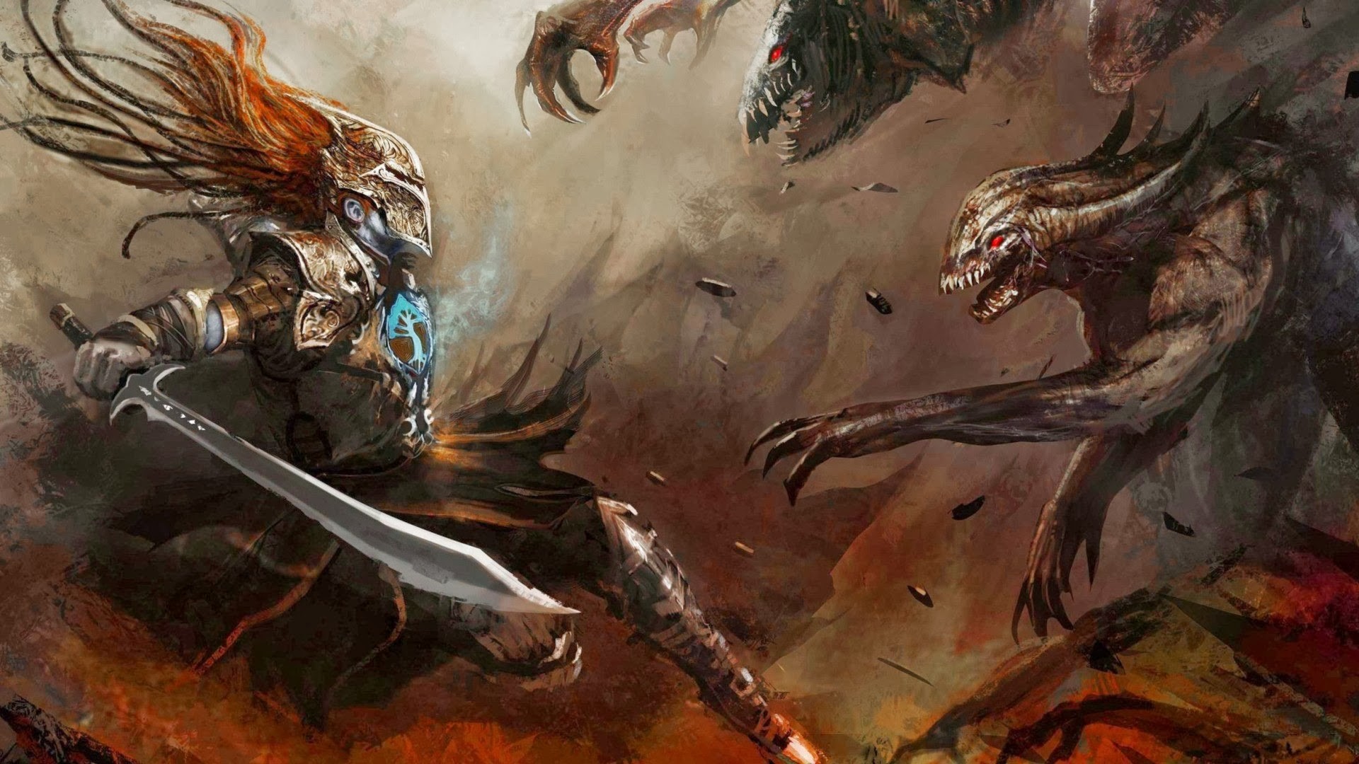 Warrior with sword fighting monsters with red eyes HD Wallpaper