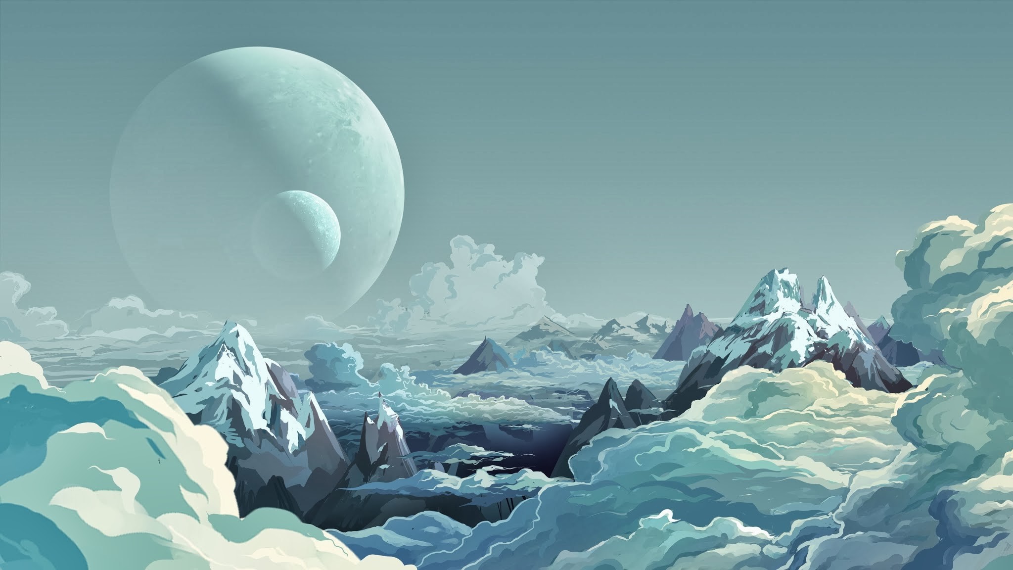 Fantasy planet landscape with moons and mountains HD Wallpaper