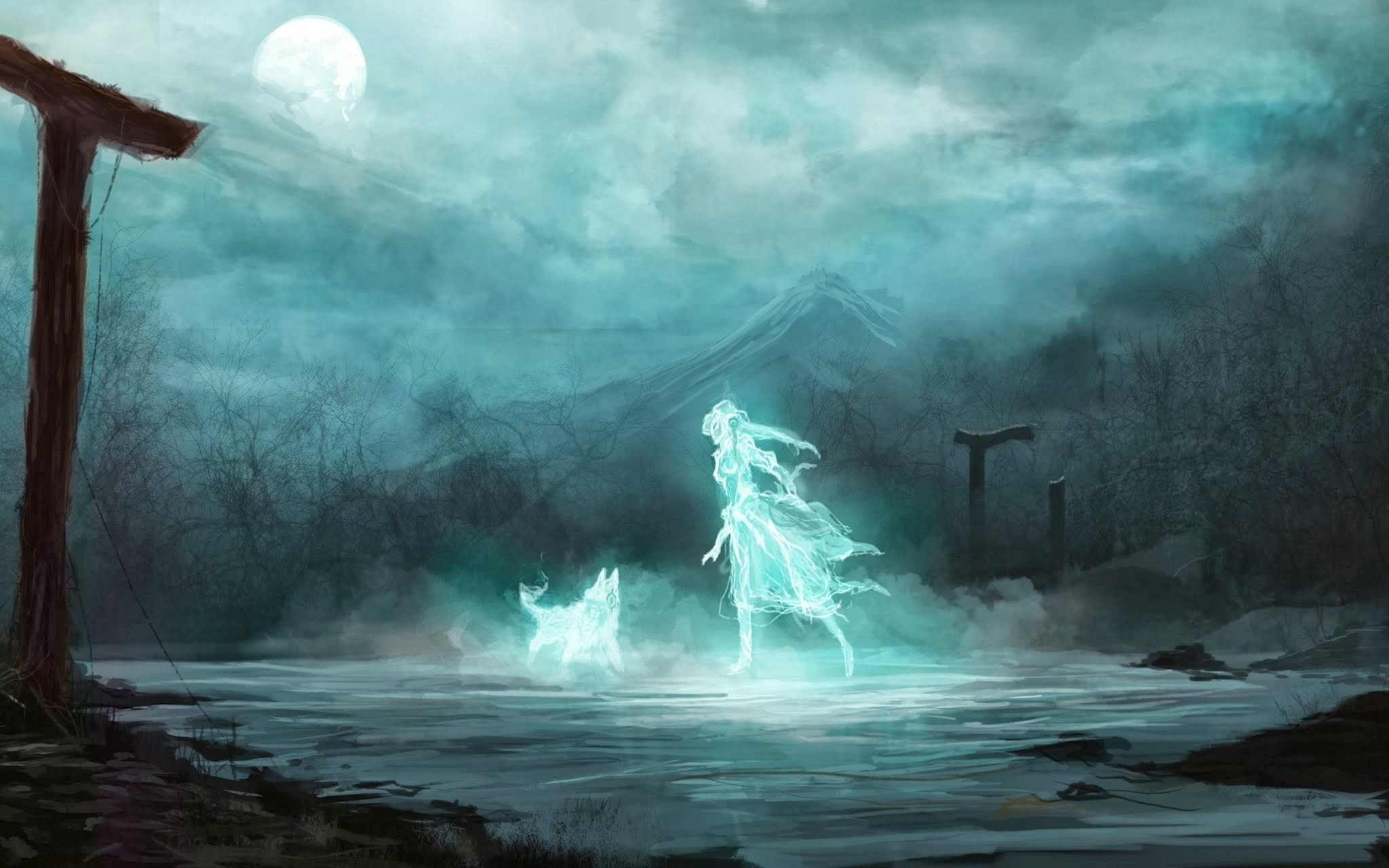 Fantasy art of a spirit girl and wolf HD Wallpaper