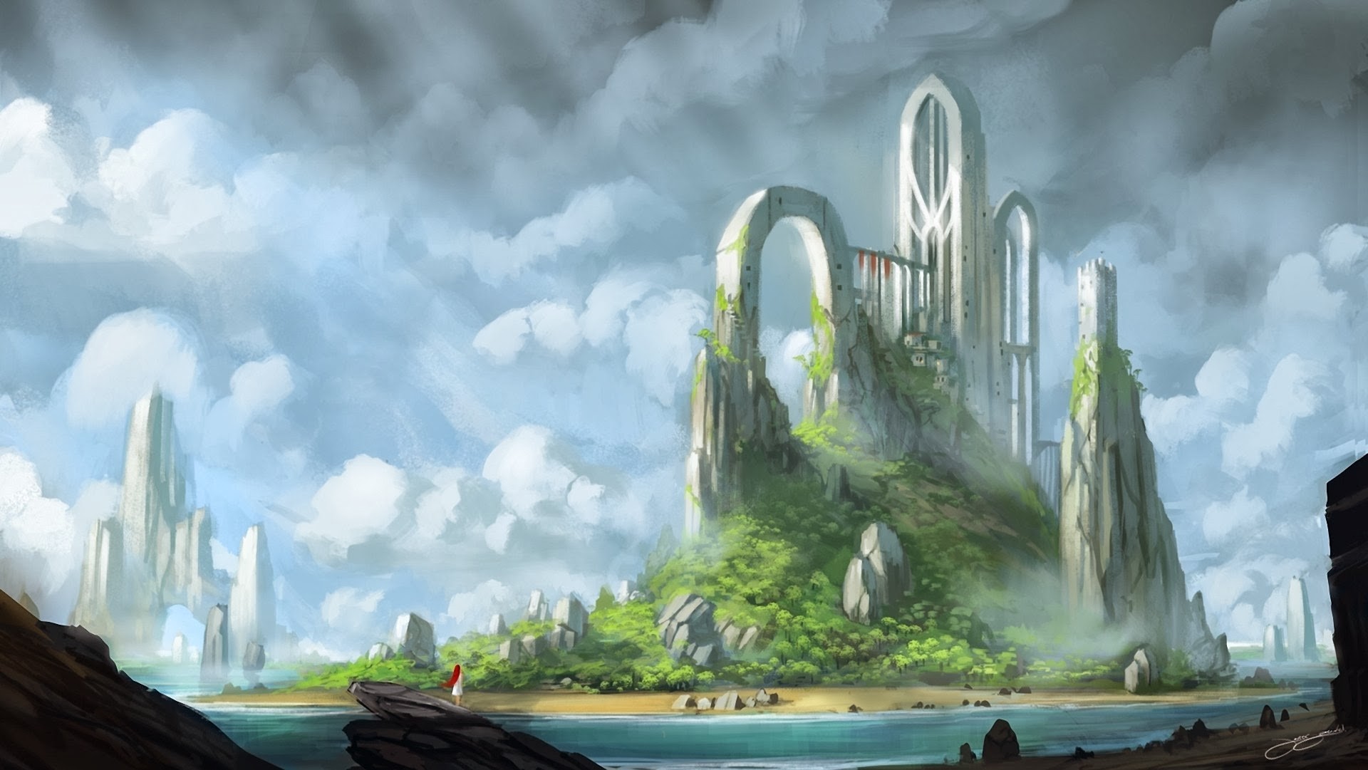 Fantasy city on a rocky island with a lone figure HD Wallpaper