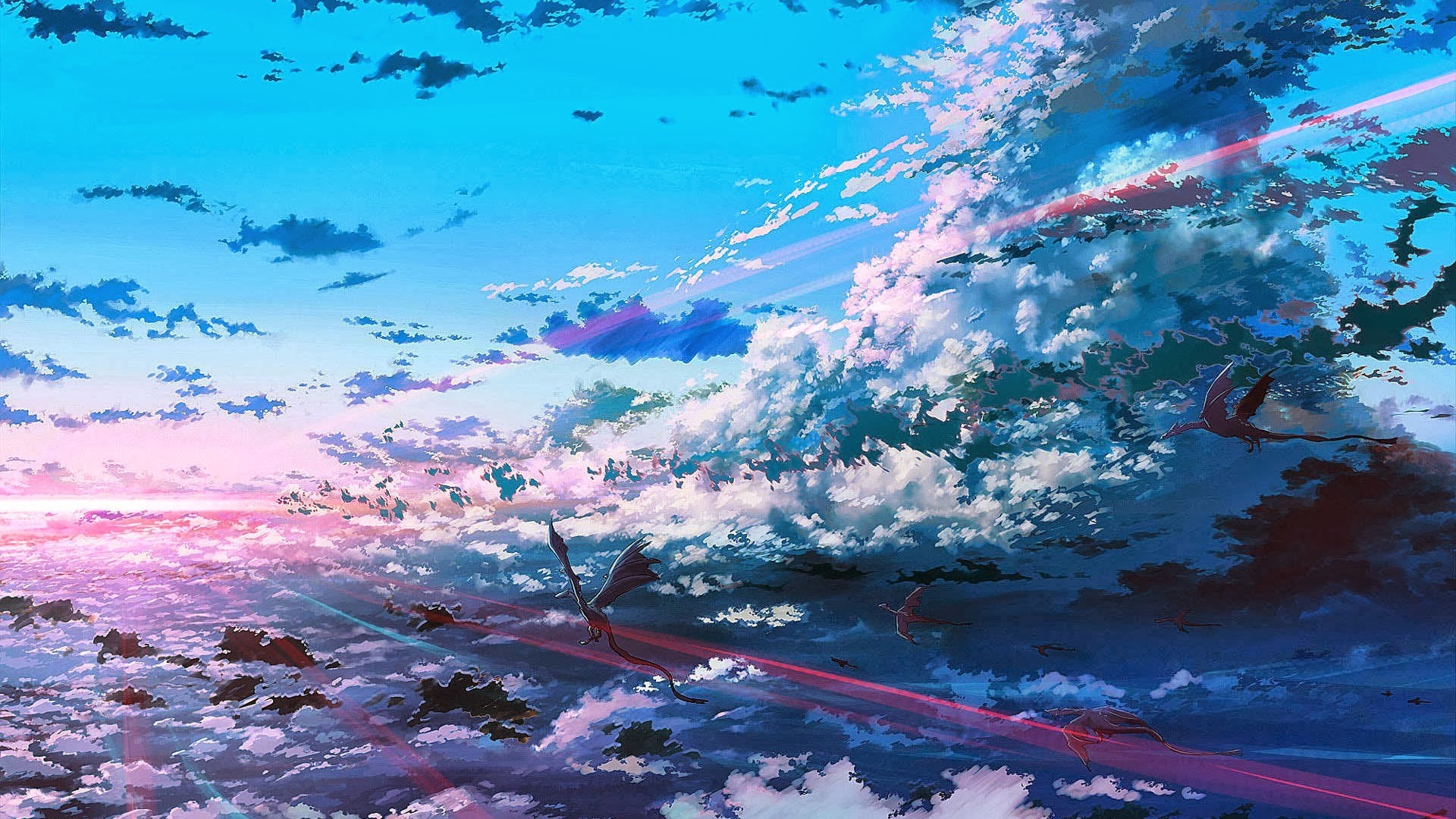 Dragons flying through a cloudy sky at sunset HD Wallpaper