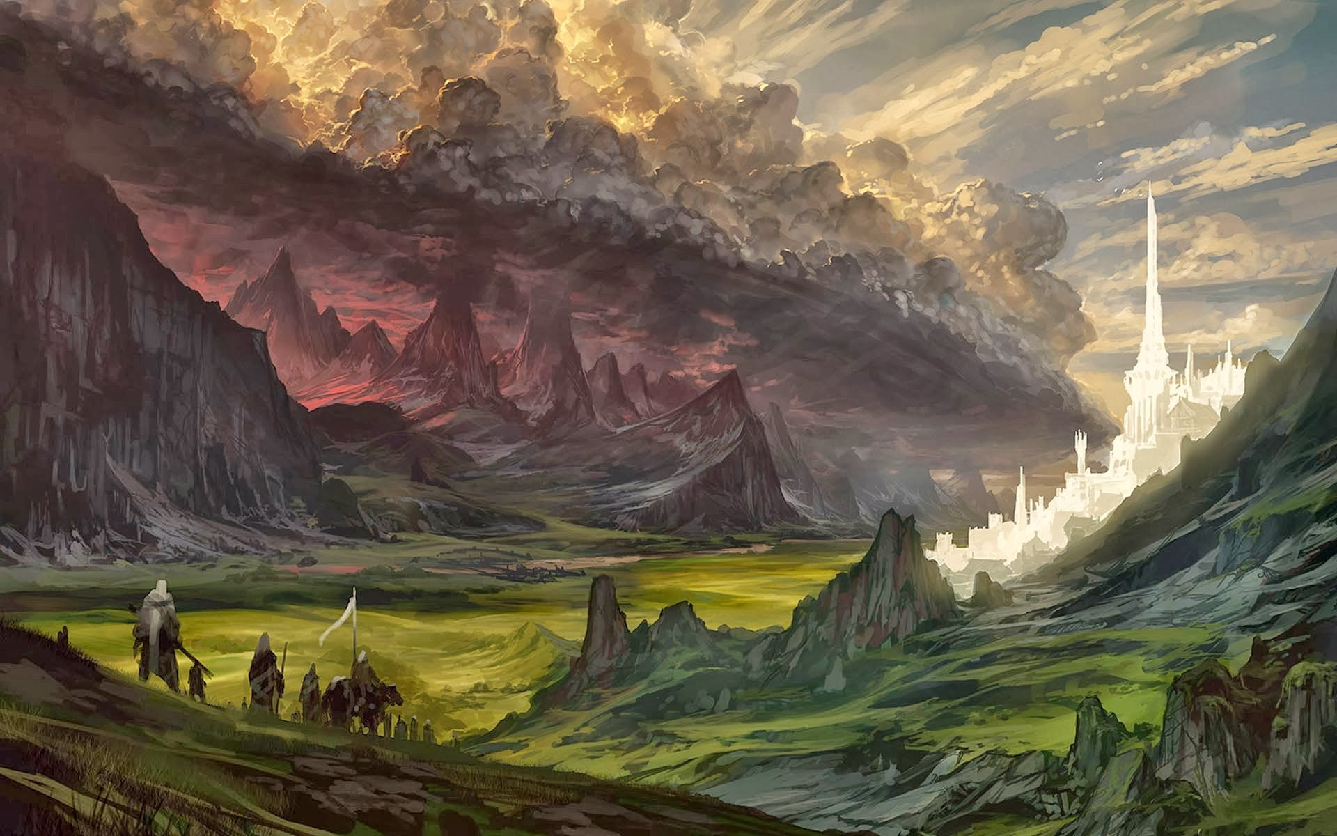 Fantasy landscape with a white castle and stormy mountains HD Wallpaper