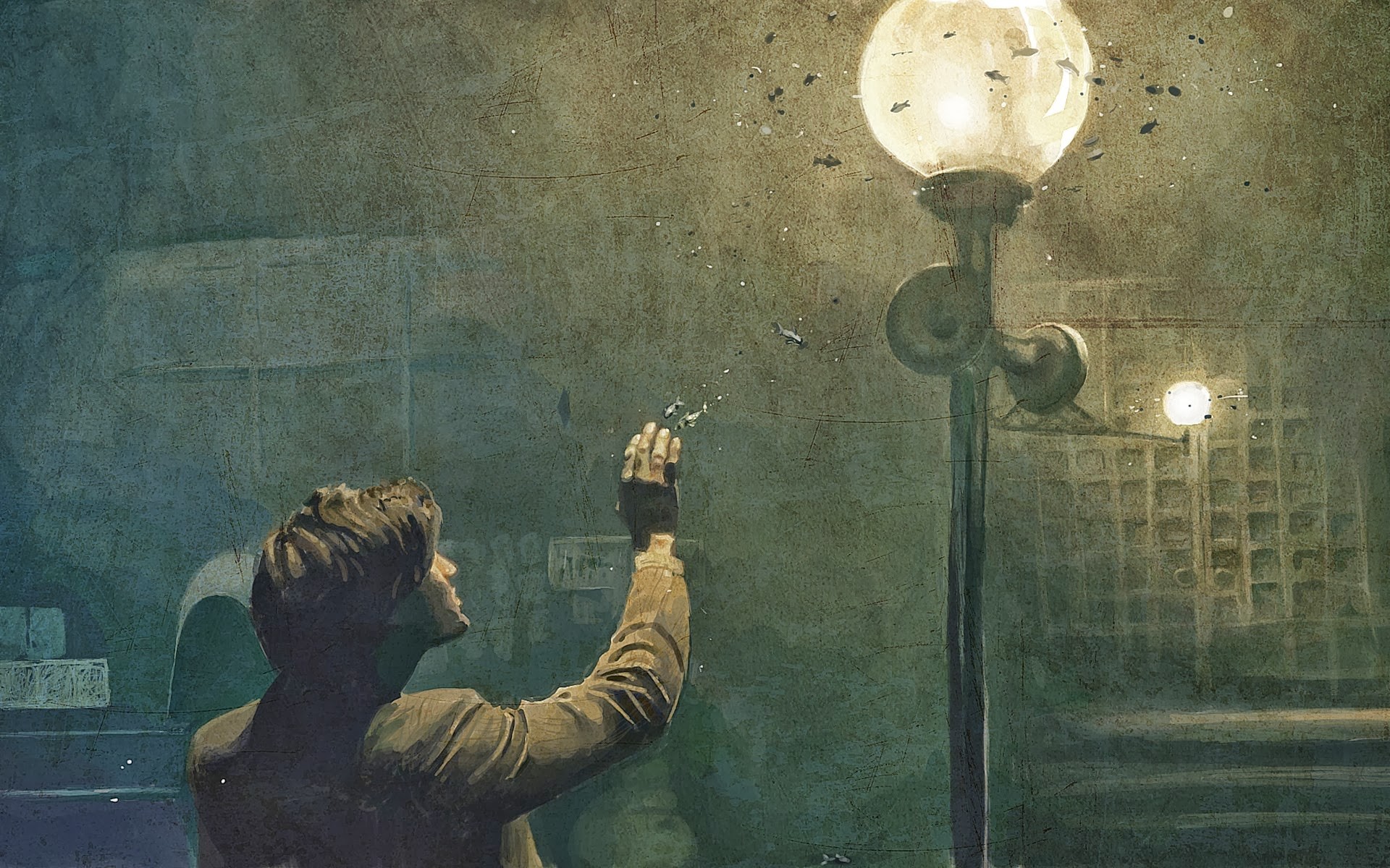 Doctor Who and fish near a street lamp HD Wallpaper