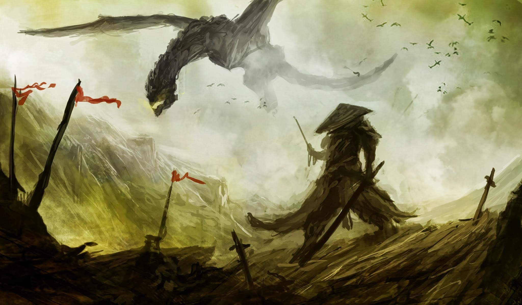 Samurai faces a dragon in a fantasy landscape HD Wallpaper