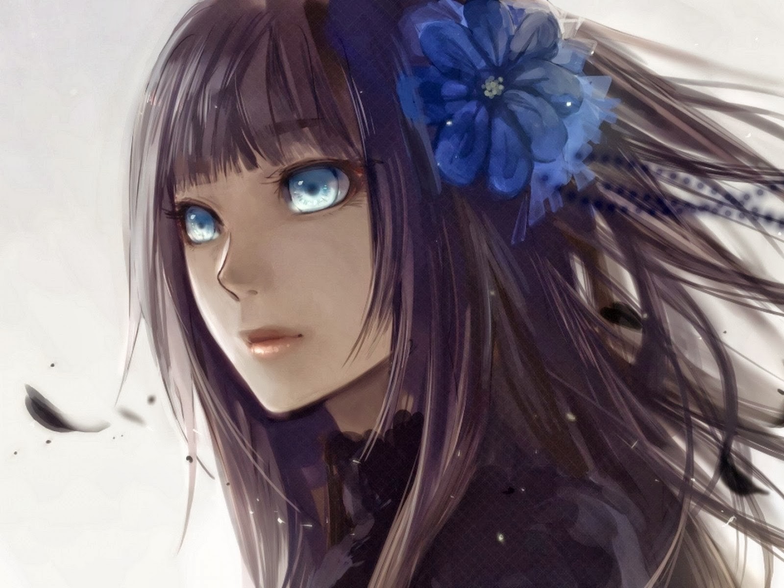 Anime girl with blue flower in her hair HD Wallpaper