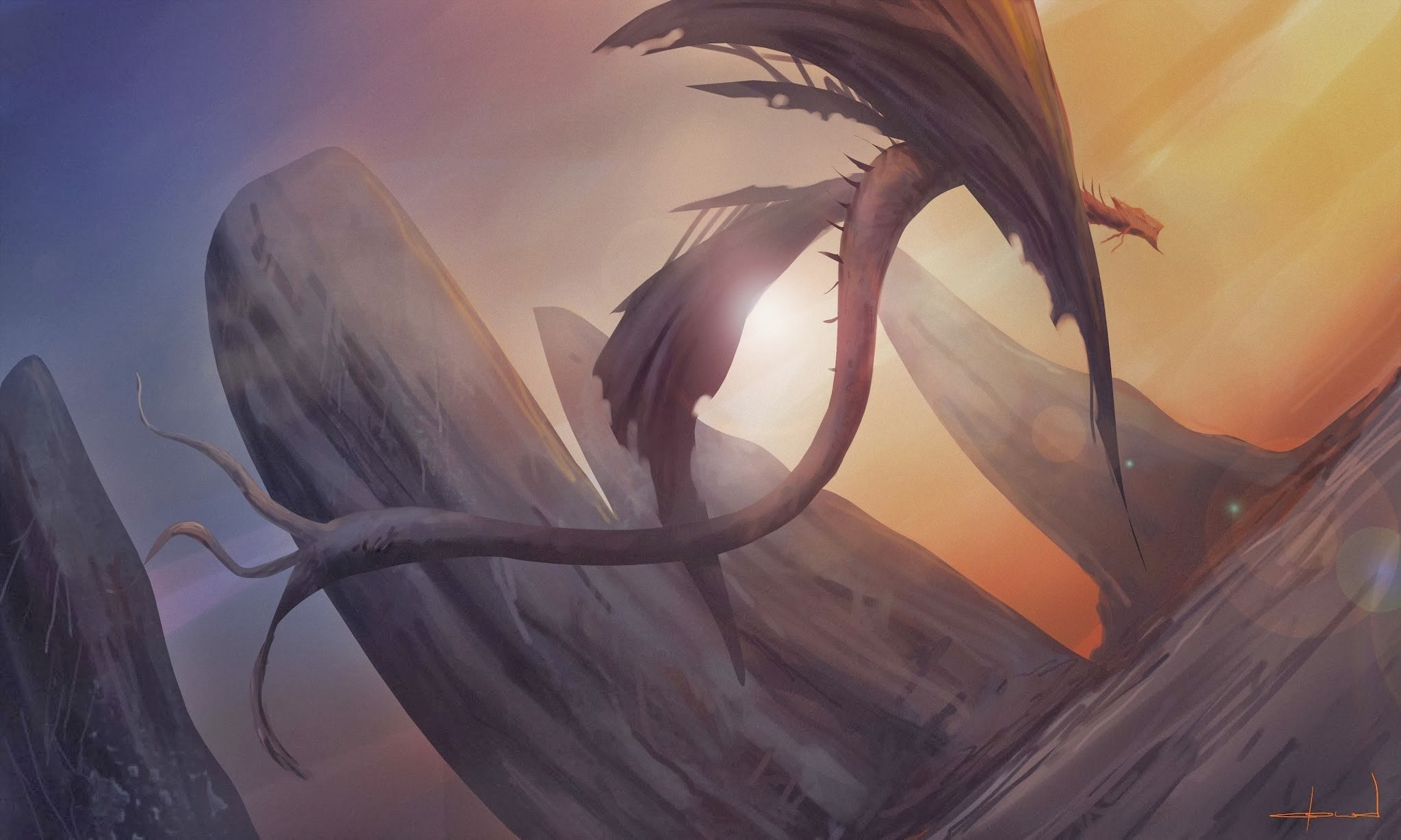 Dragon flying through rocky landscape at sunset HD Wallpaper