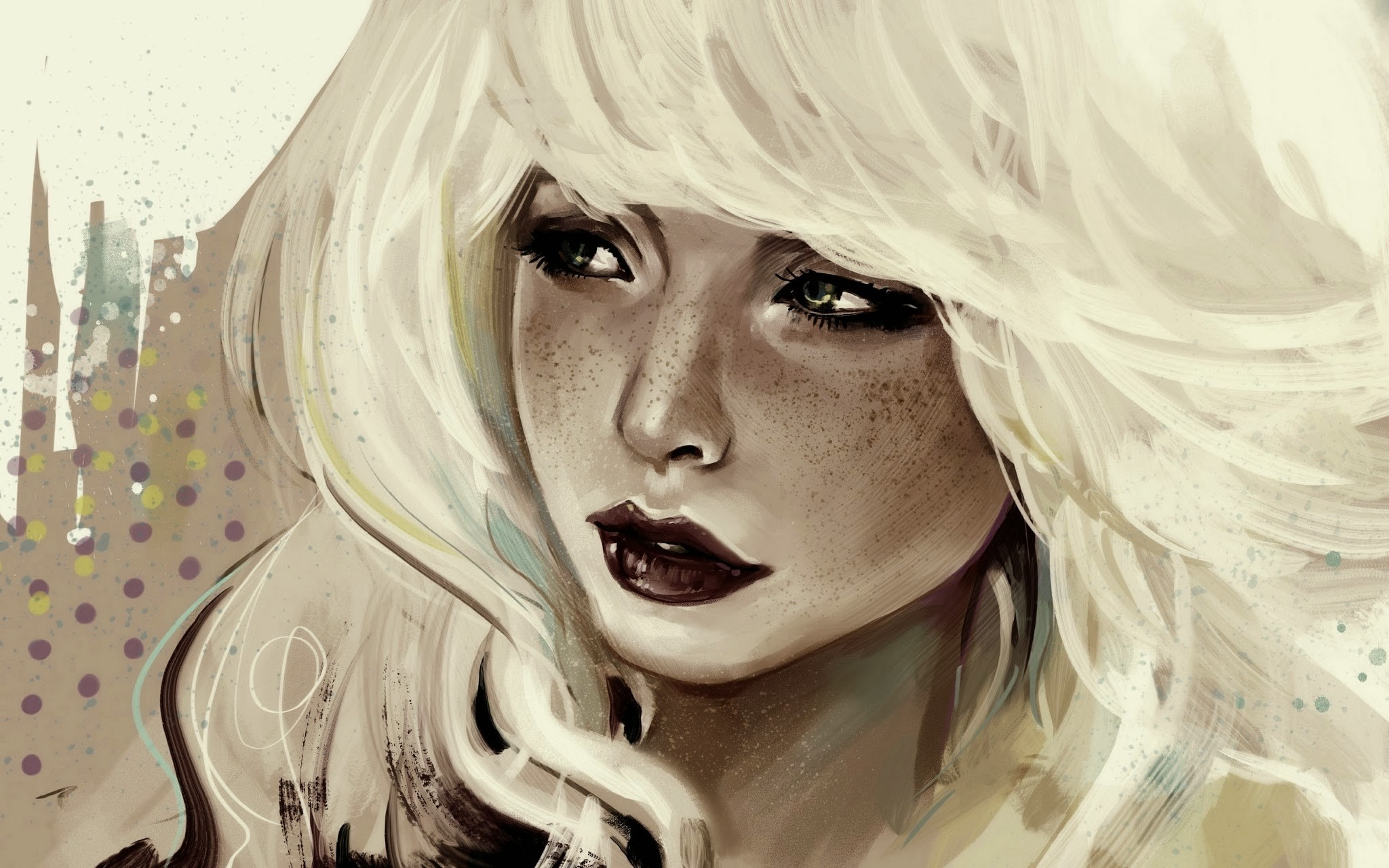 Artwork of a woman with freckles and blonde hair HD Wallpaper