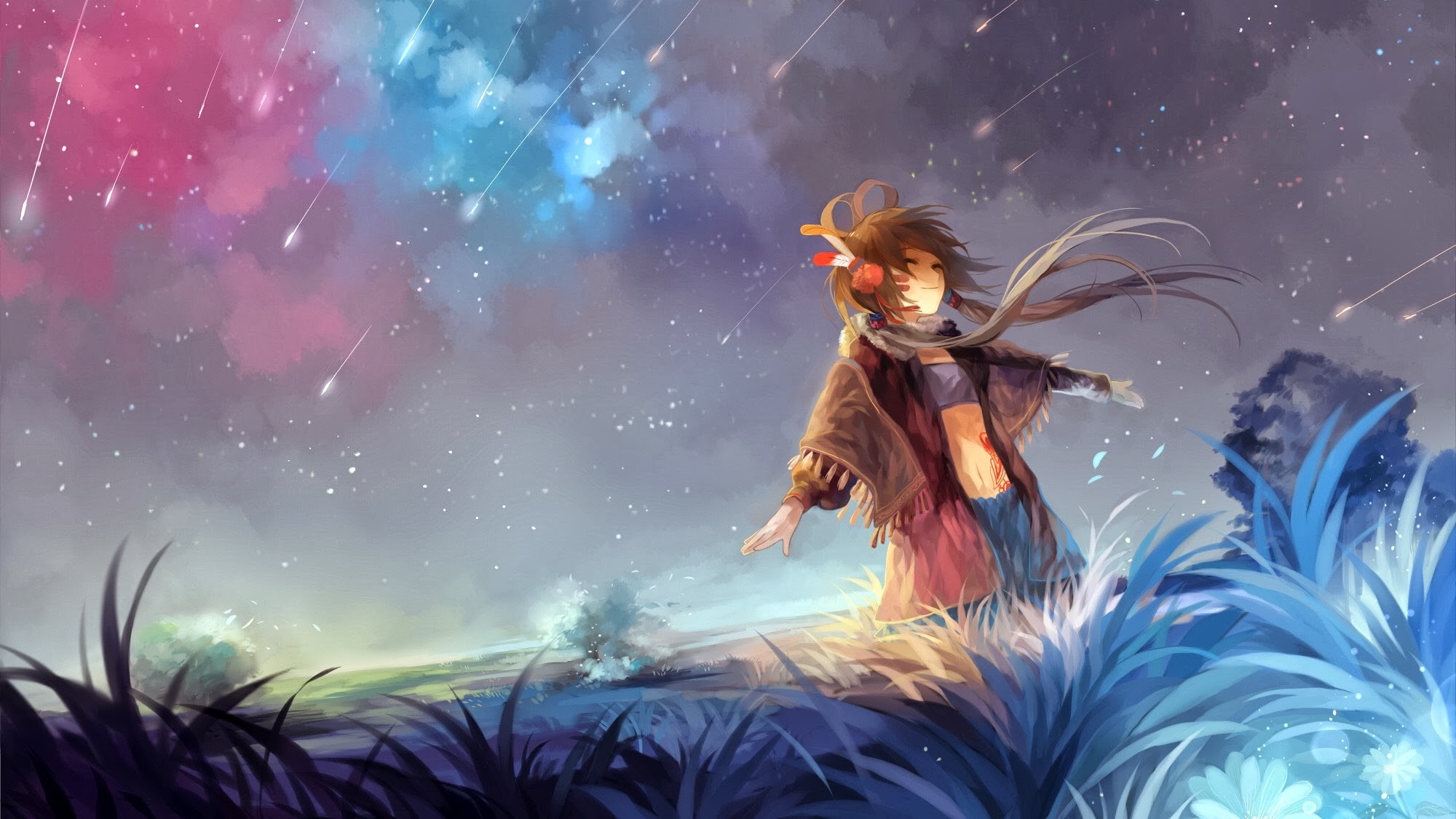 Anime girl with shooting stars in a colorful sky HD Wallpaper