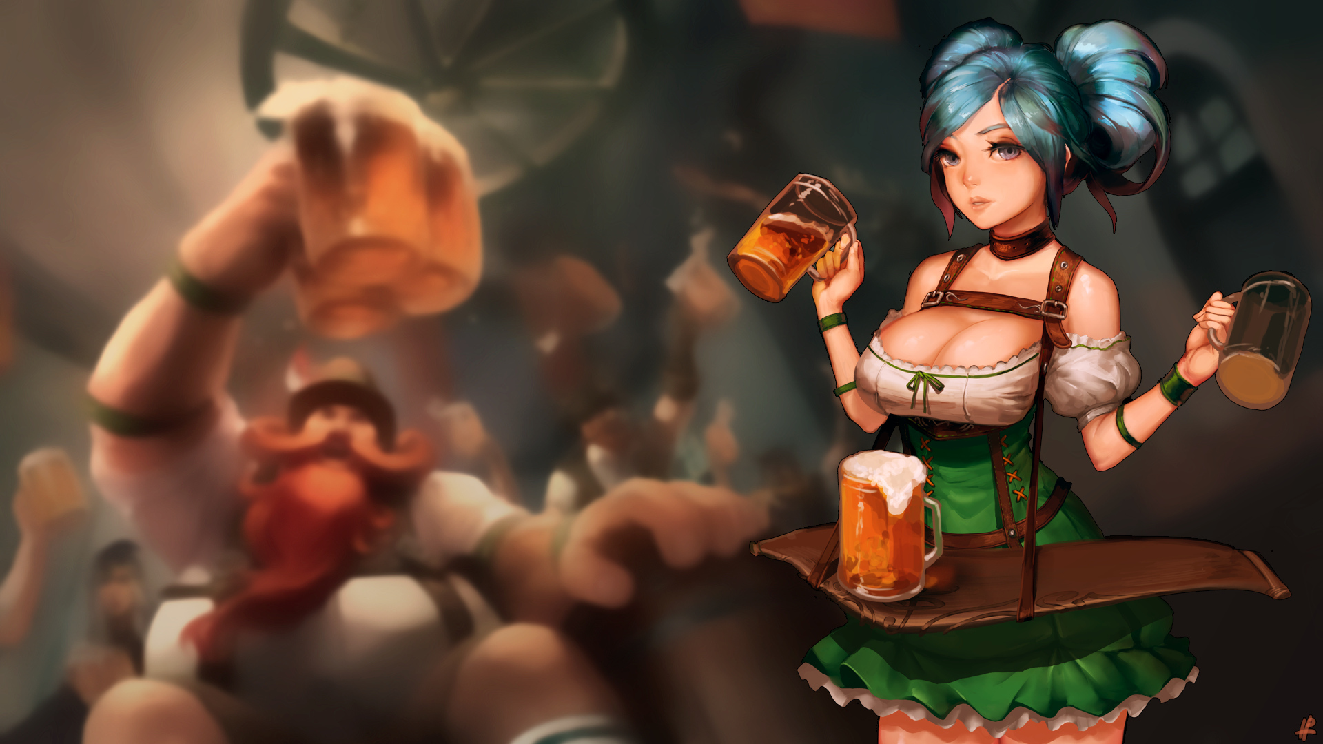 Sona and Gragas at a Beer Hall HD Wallpaper