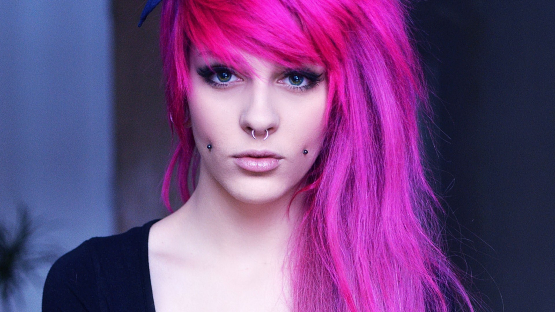 Woman with bright pink hair and piercings HD Wallpaper