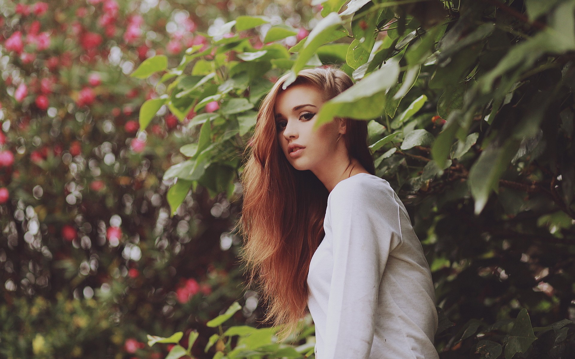 Woman with long hair in a white top outdoors HD Wallpaper