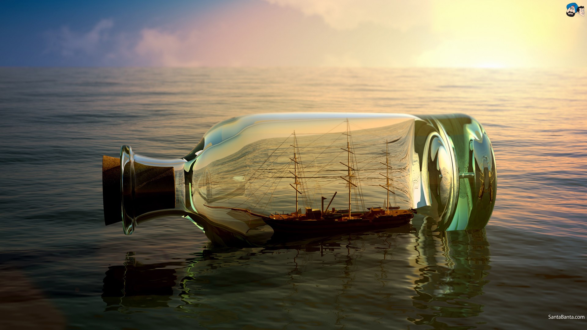 Ship in a bottle floating on the ocean at sunset HD Wallpaper