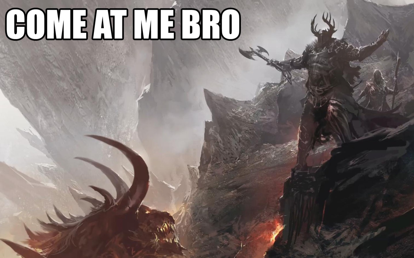Fantasy warrior and dragon with text HD Wallpaper