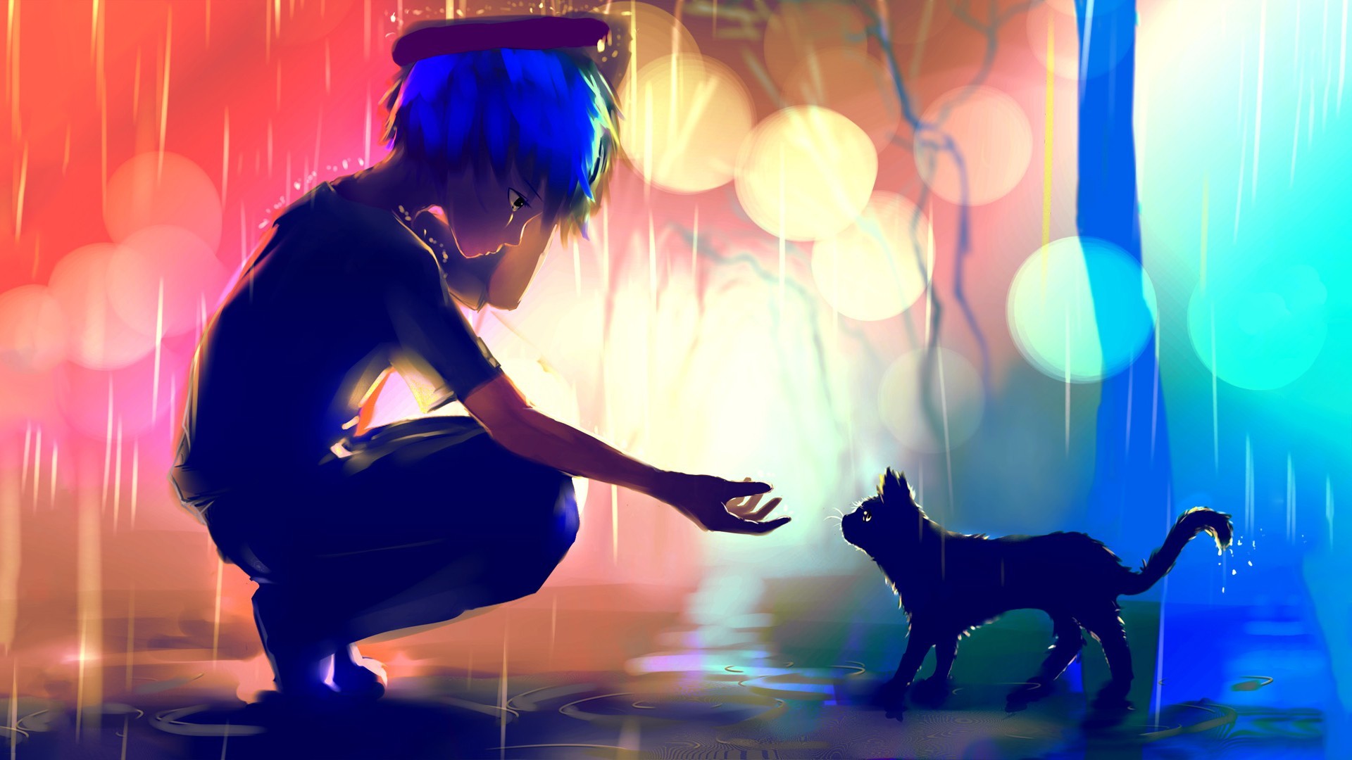 Anime artwork of a person with blue hair and a cat in the rain HD Wallpaper