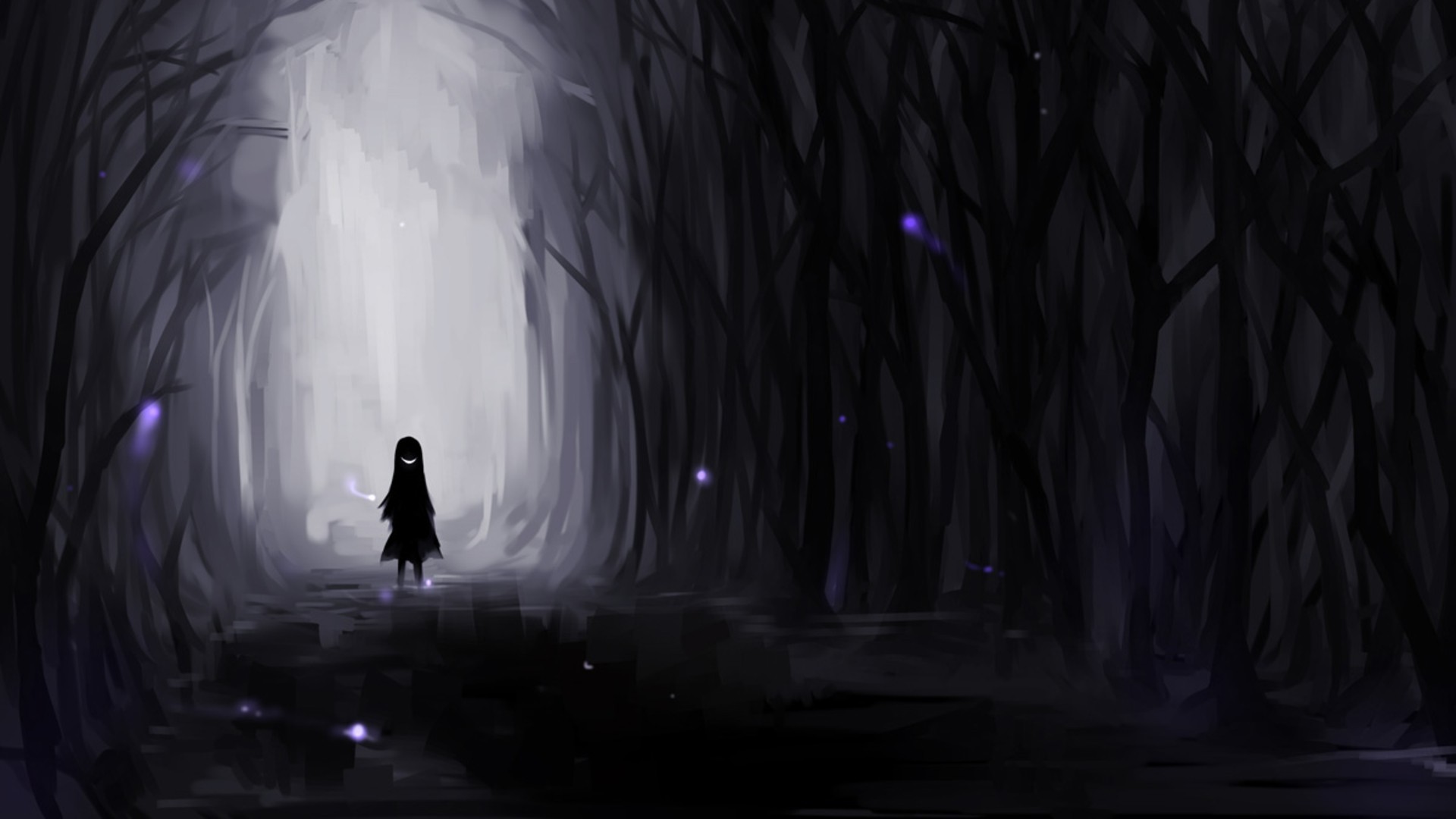 Anime girl in a dark forest with glowing lights HD Wallpaper