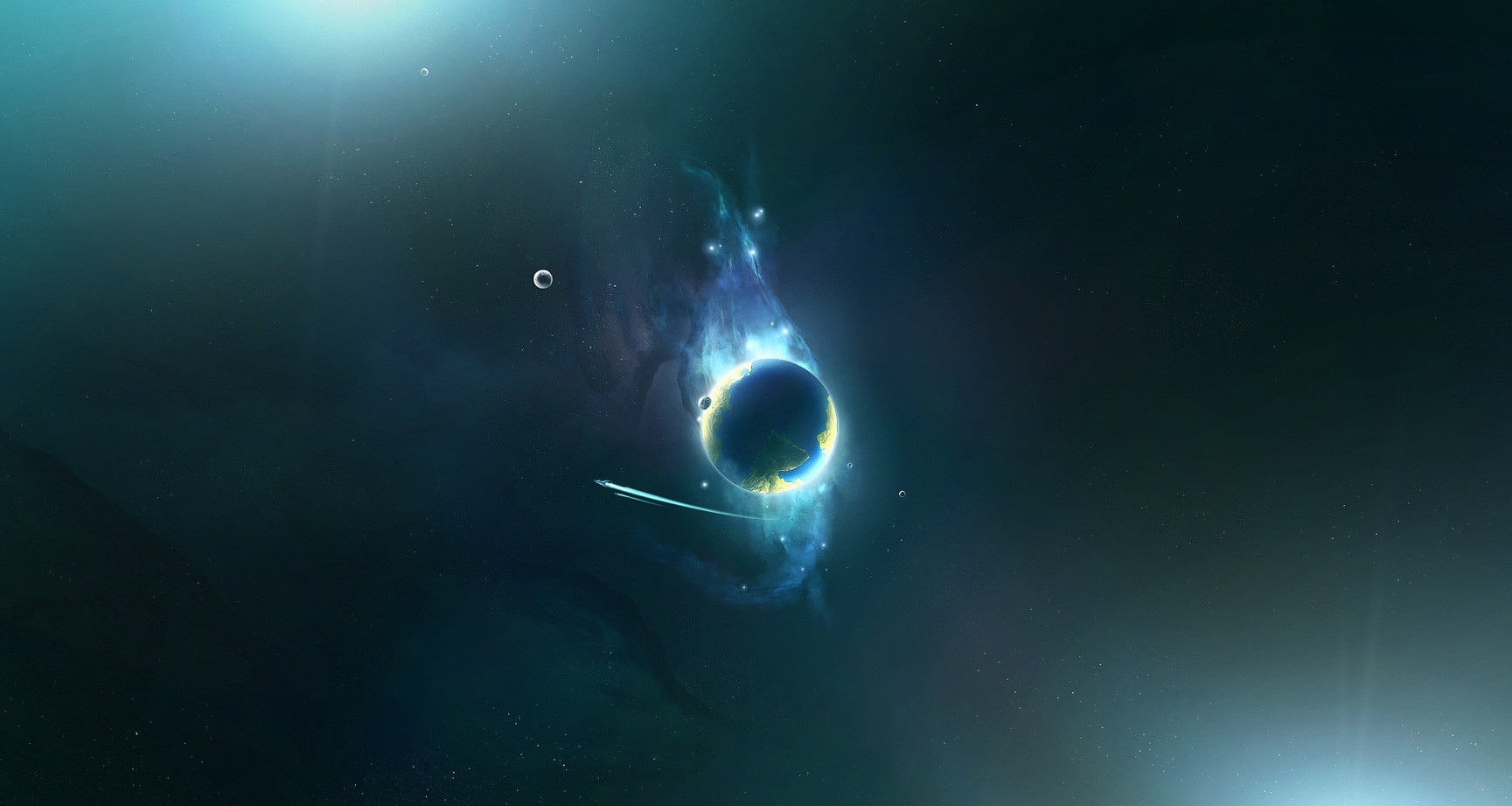 Digital art of Earth in space with nebula and spacecraft HD Wallpaper