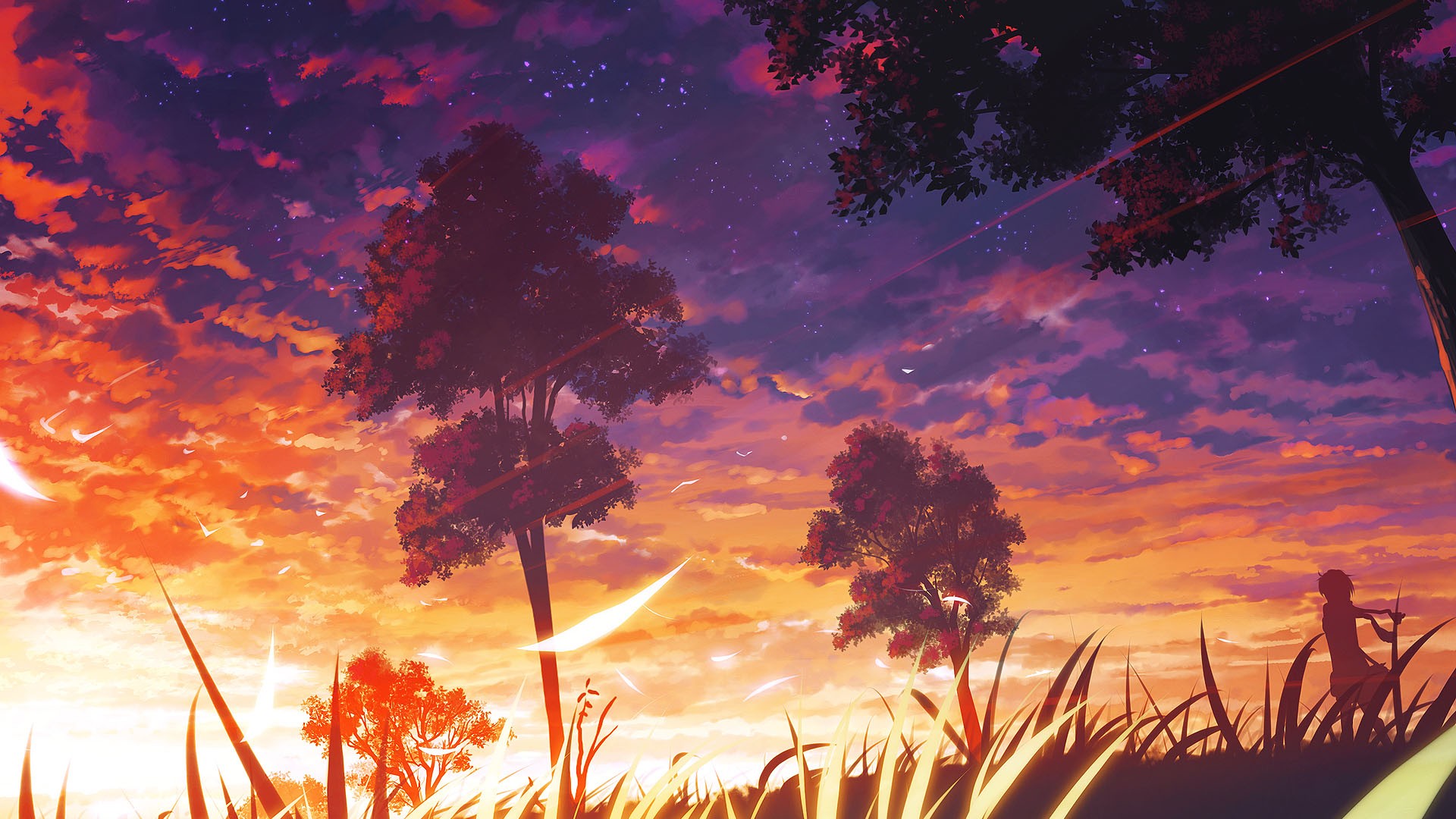 Anime sky with trees and a person HD Wallpaper