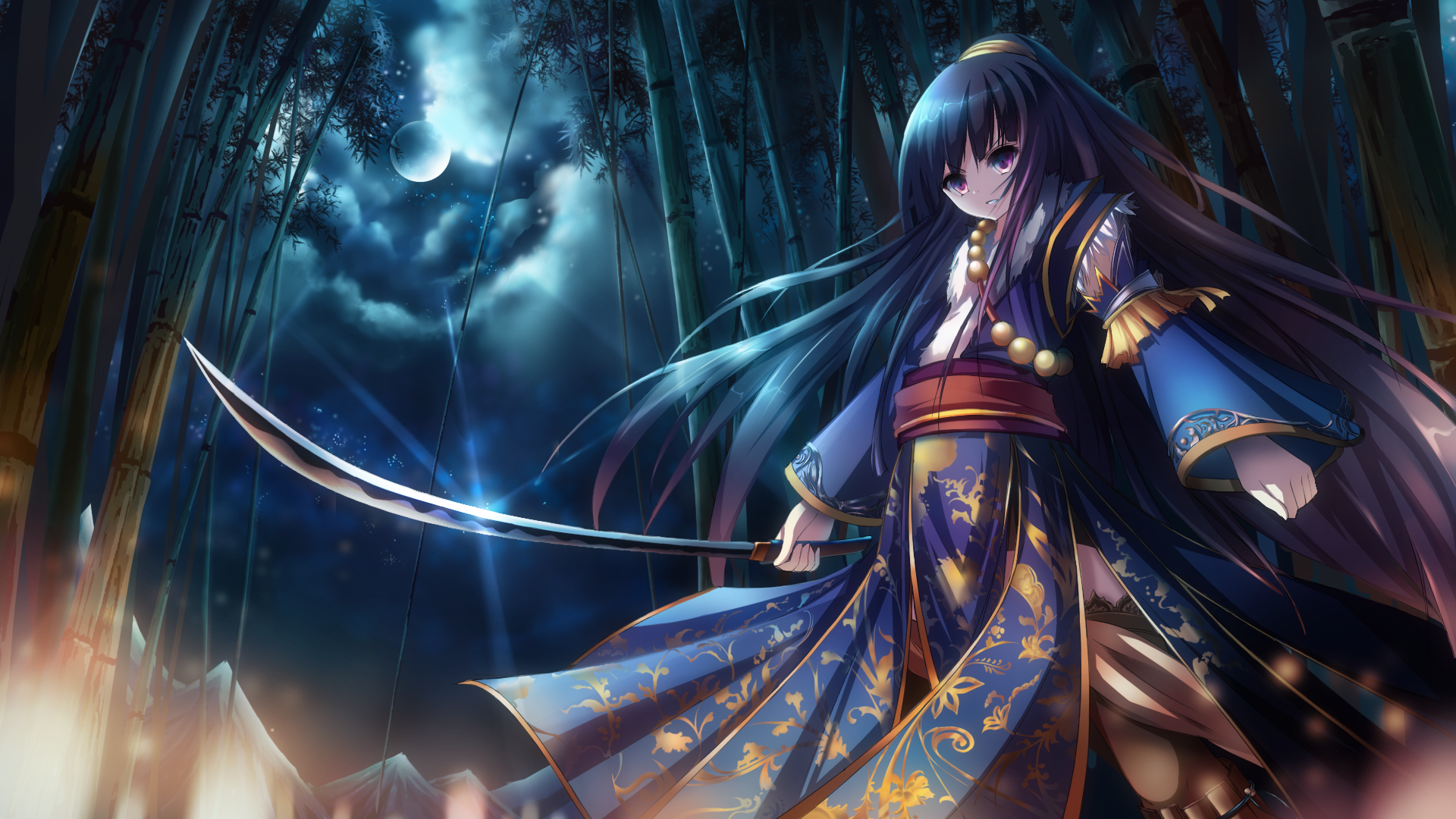 Anime girl with katana in a bamboo forest at night HD Wallpaper