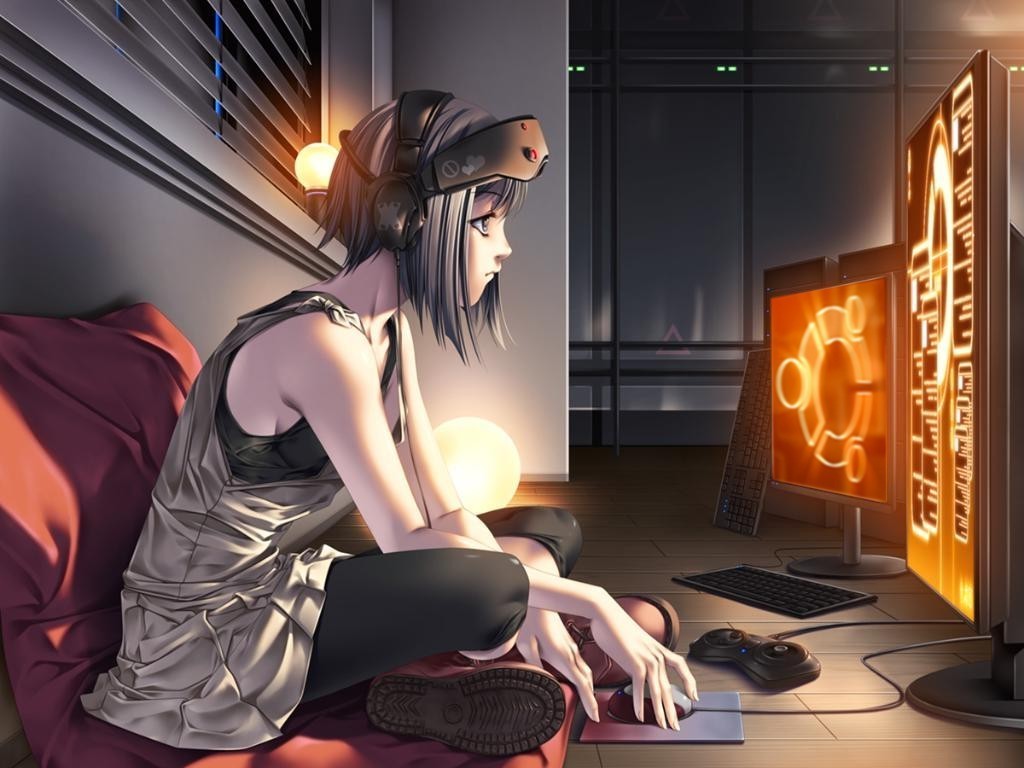 Anime girl wearing headphones playing computer games HD Wallpaper