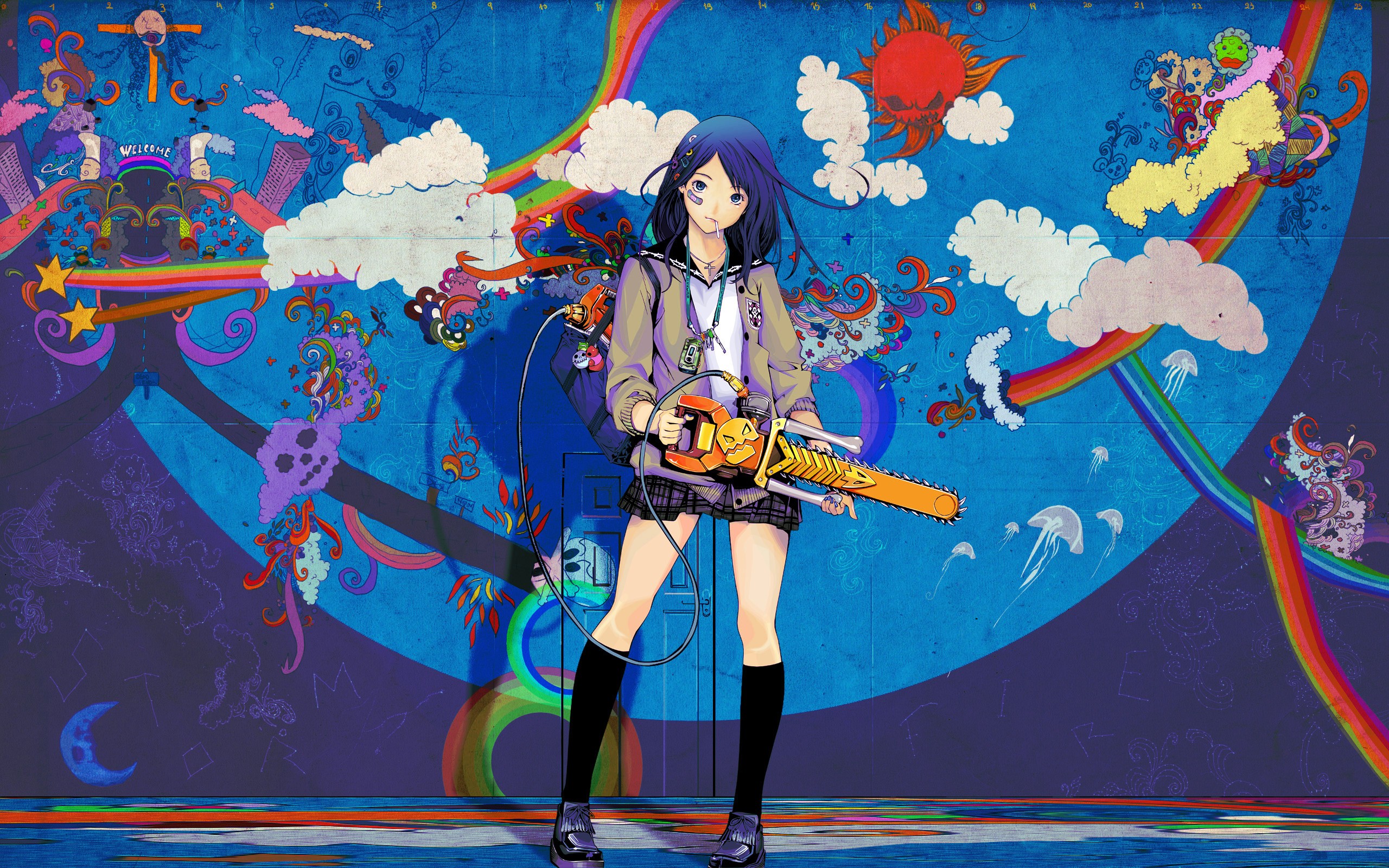 Anime girl with blue hair holding a chainsaw HD Wallpaper
