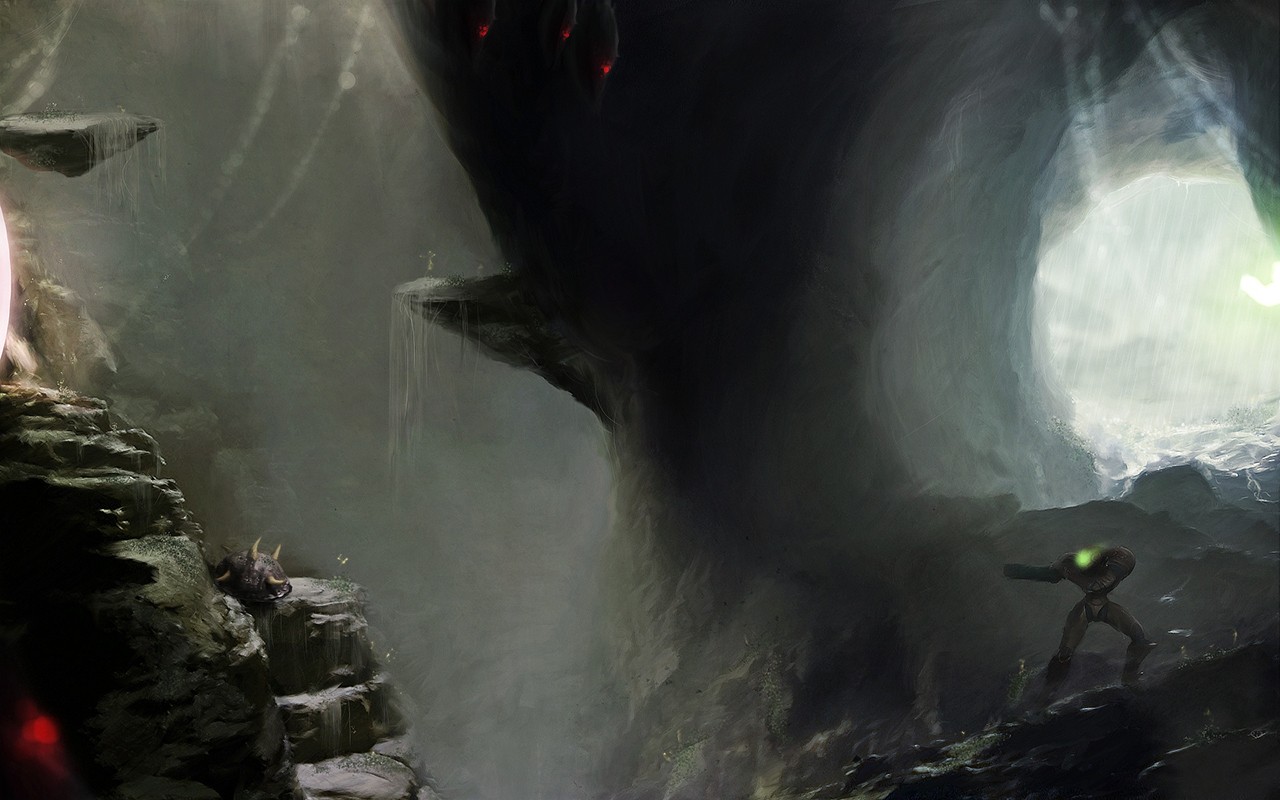 Samus Aran in a dark, alien cave environment HD Wallpaper