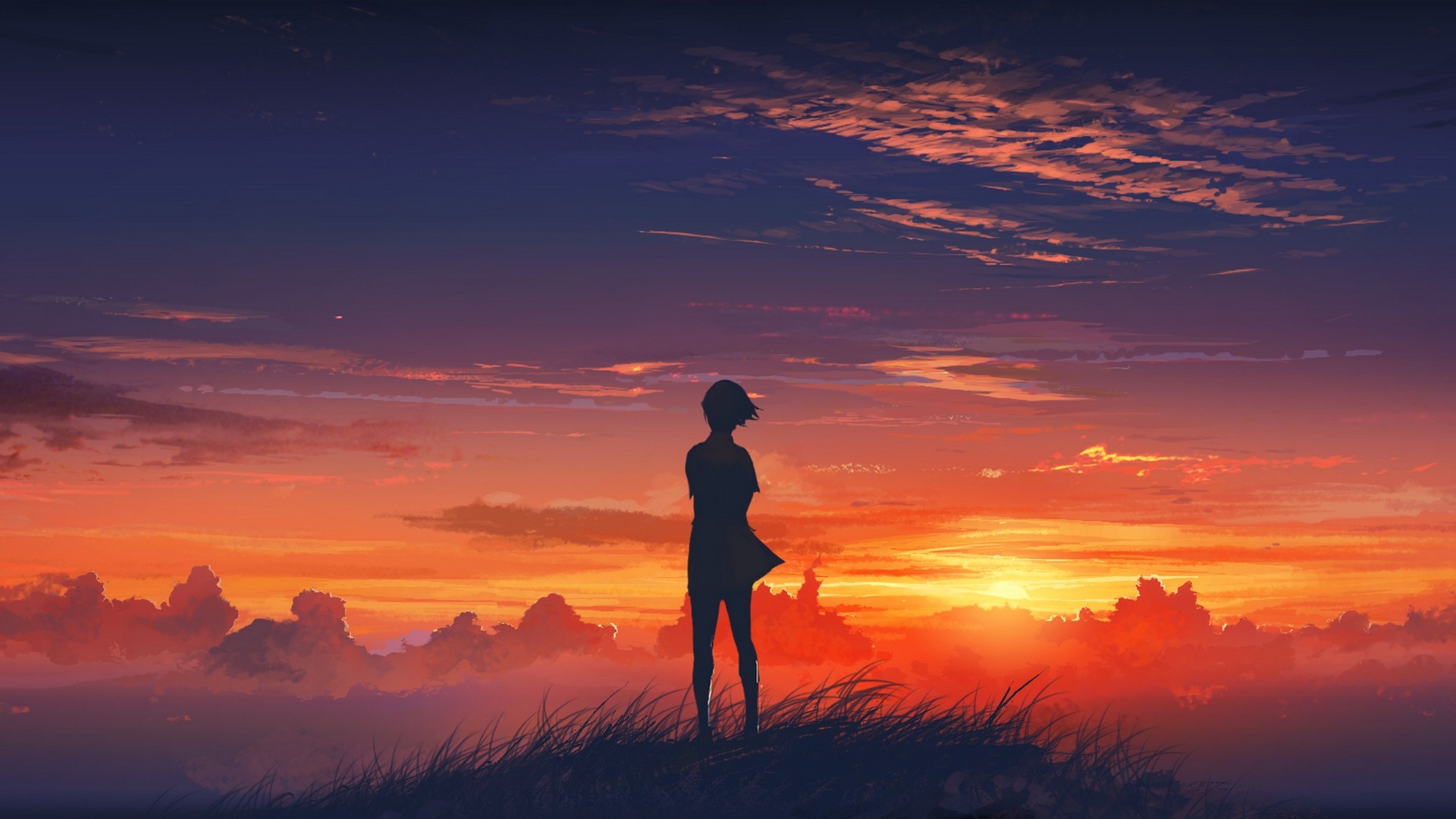 Anime girl silhouette against a vibrant sunset sky HD Wallpaper