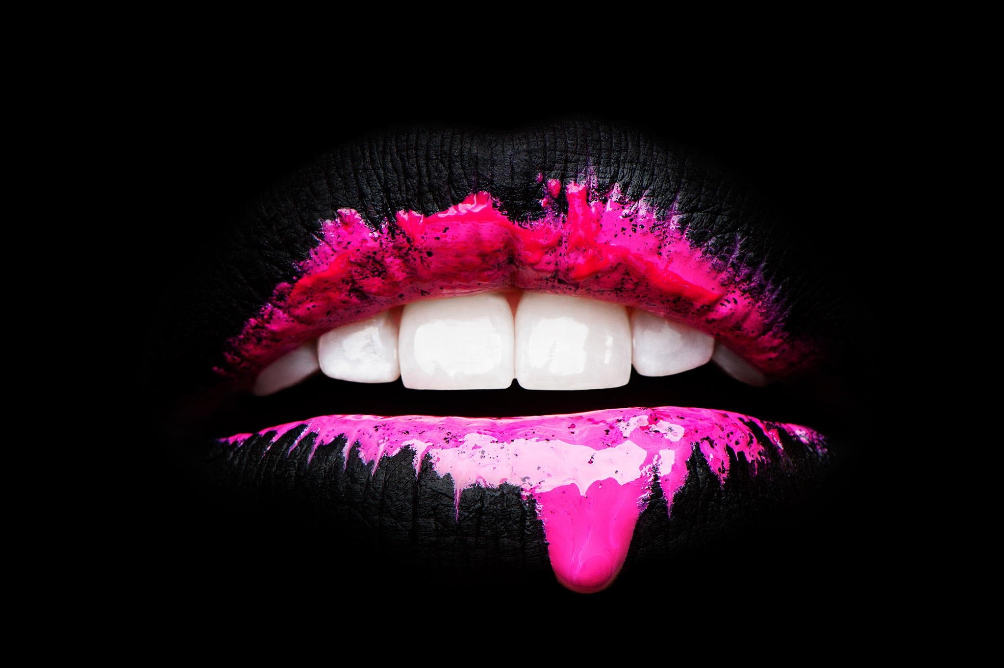 Black lips with dripping pink paint HD Wallpaper