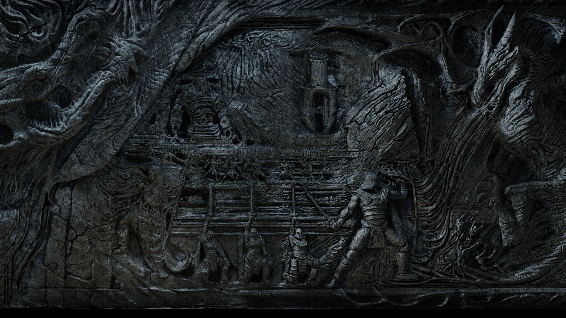 The Elder Scrolls V: Skyrim stone carving of dragons and warriors HD Wallpaper