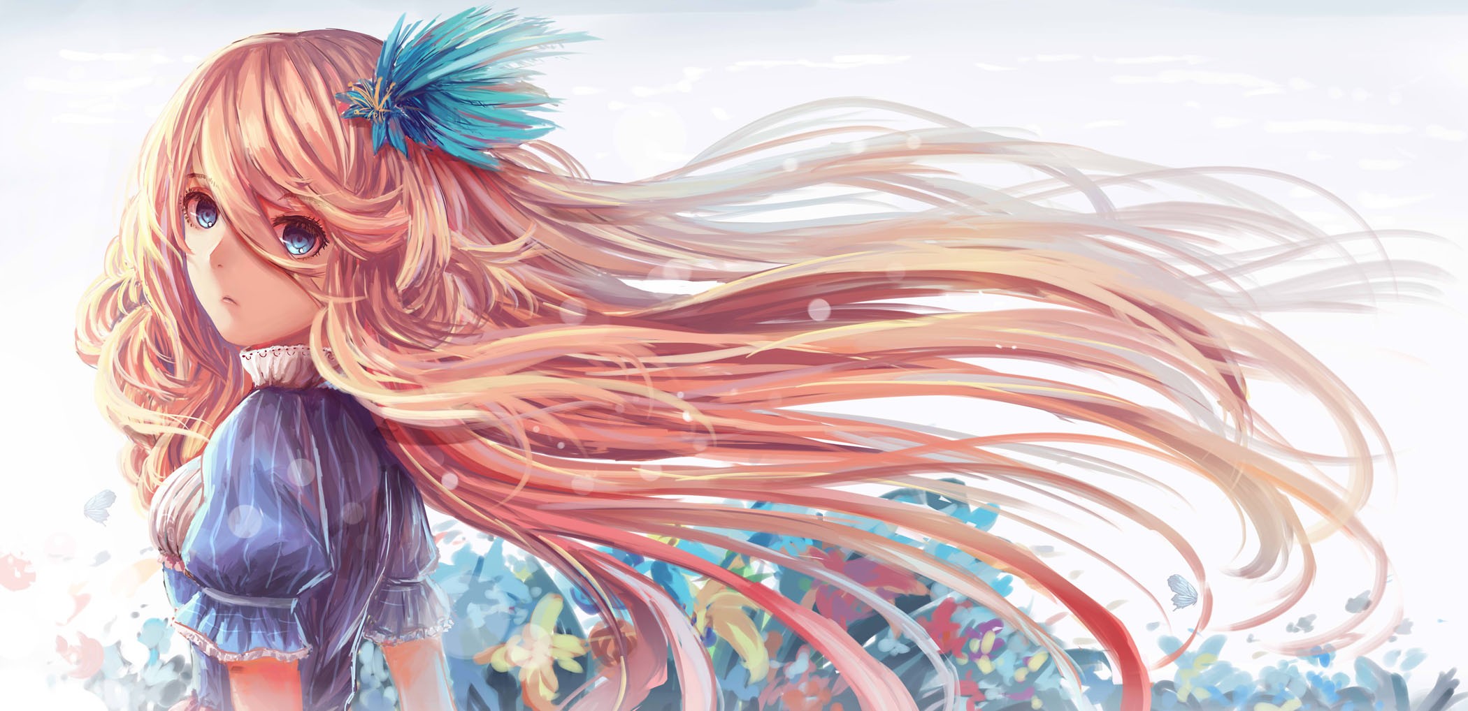 Anime girl with long flowing hair and blue eyes HD Wallpaper