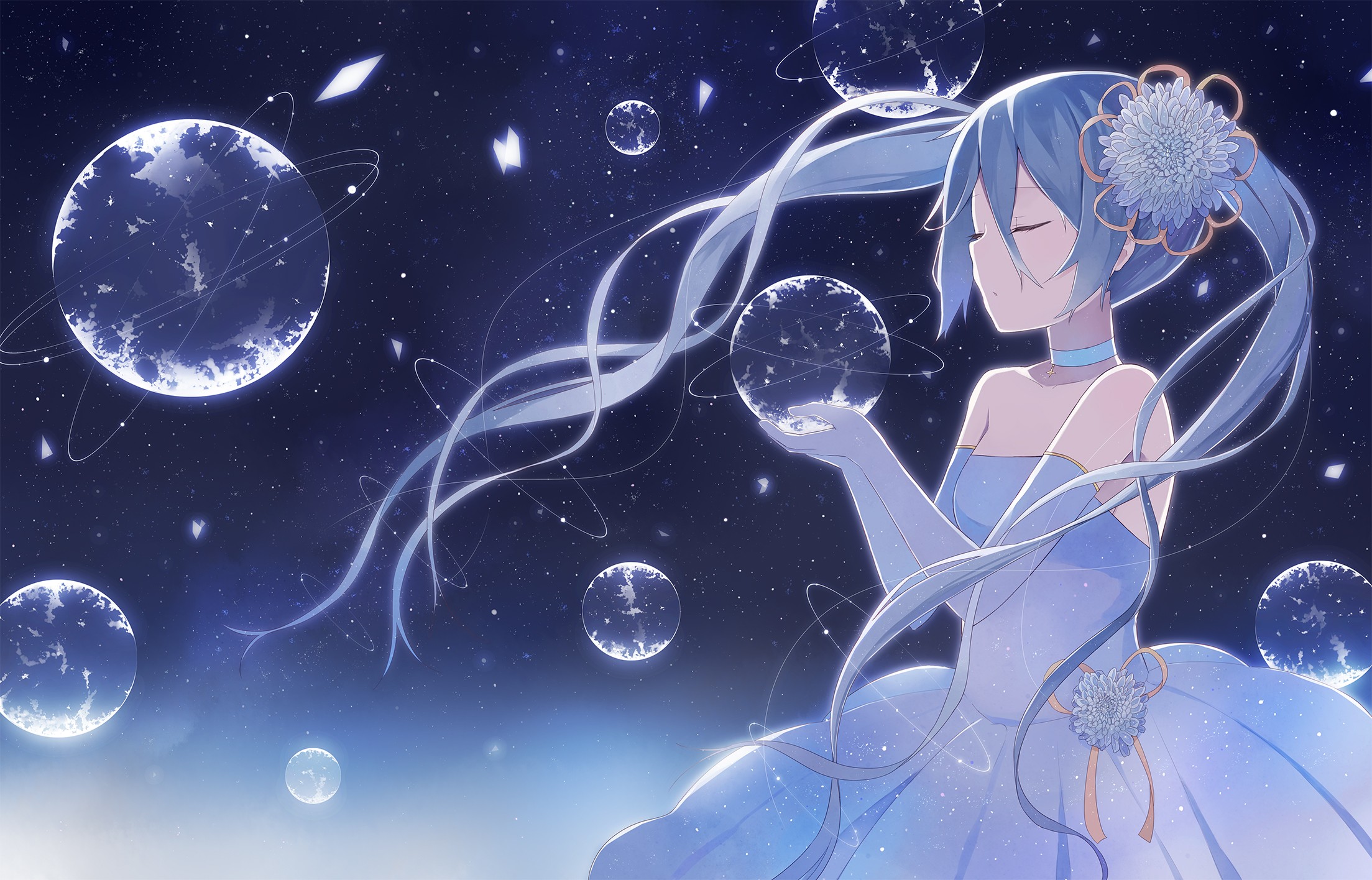 Hatsune Miku holding planets in space HD Wallpaper