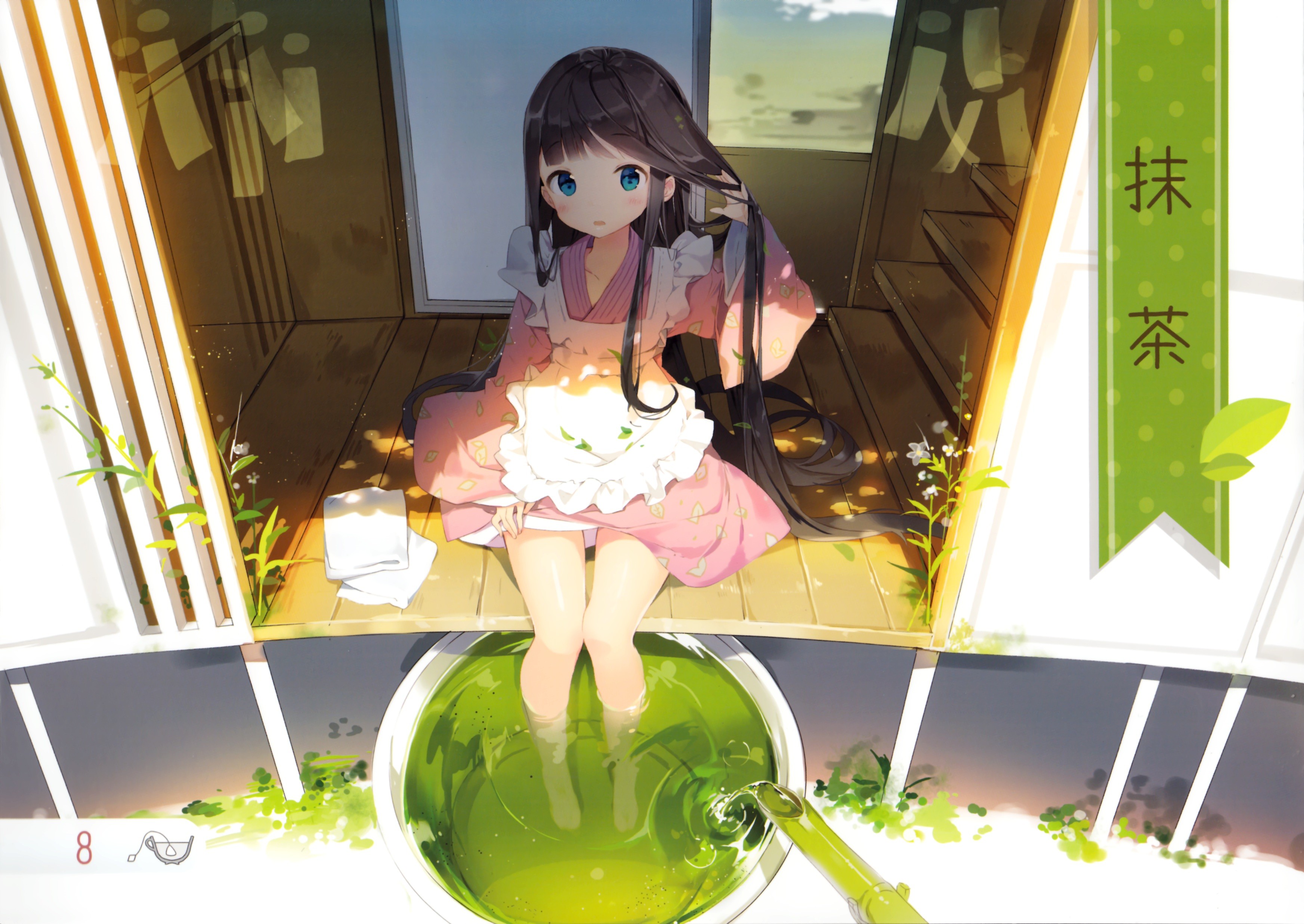 Anime girl with long dark hair in a pink kimono HD Wallpaper