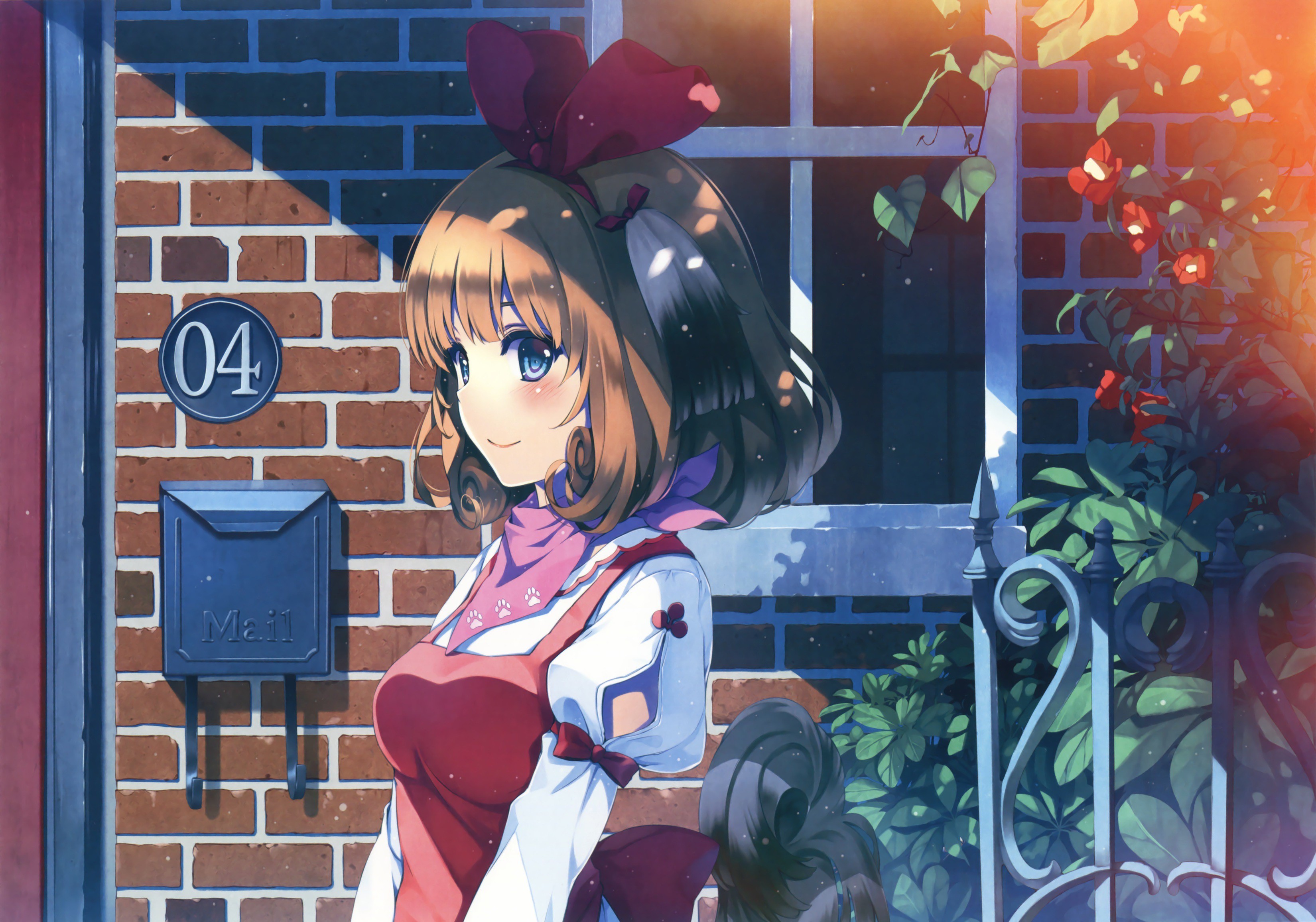 Anime girl with brown hair and red bow HD Wallpaper