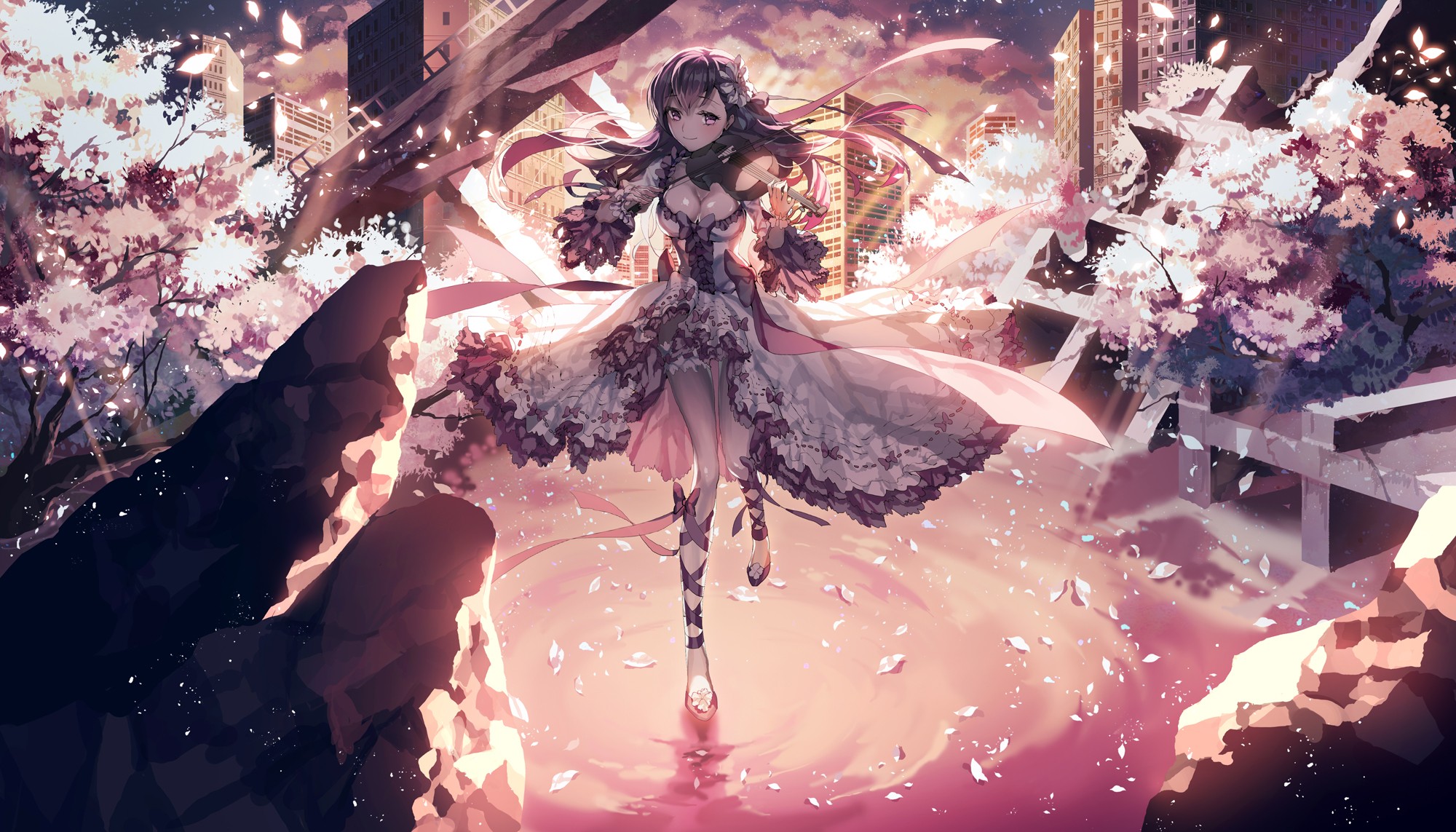 Matou Sakura in a ruined city with cherry blossoms HD Wallpaper