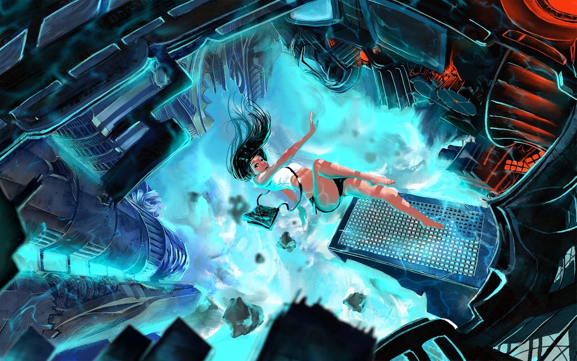 Anime girl falling in a futuristic environment HD Wallpaper