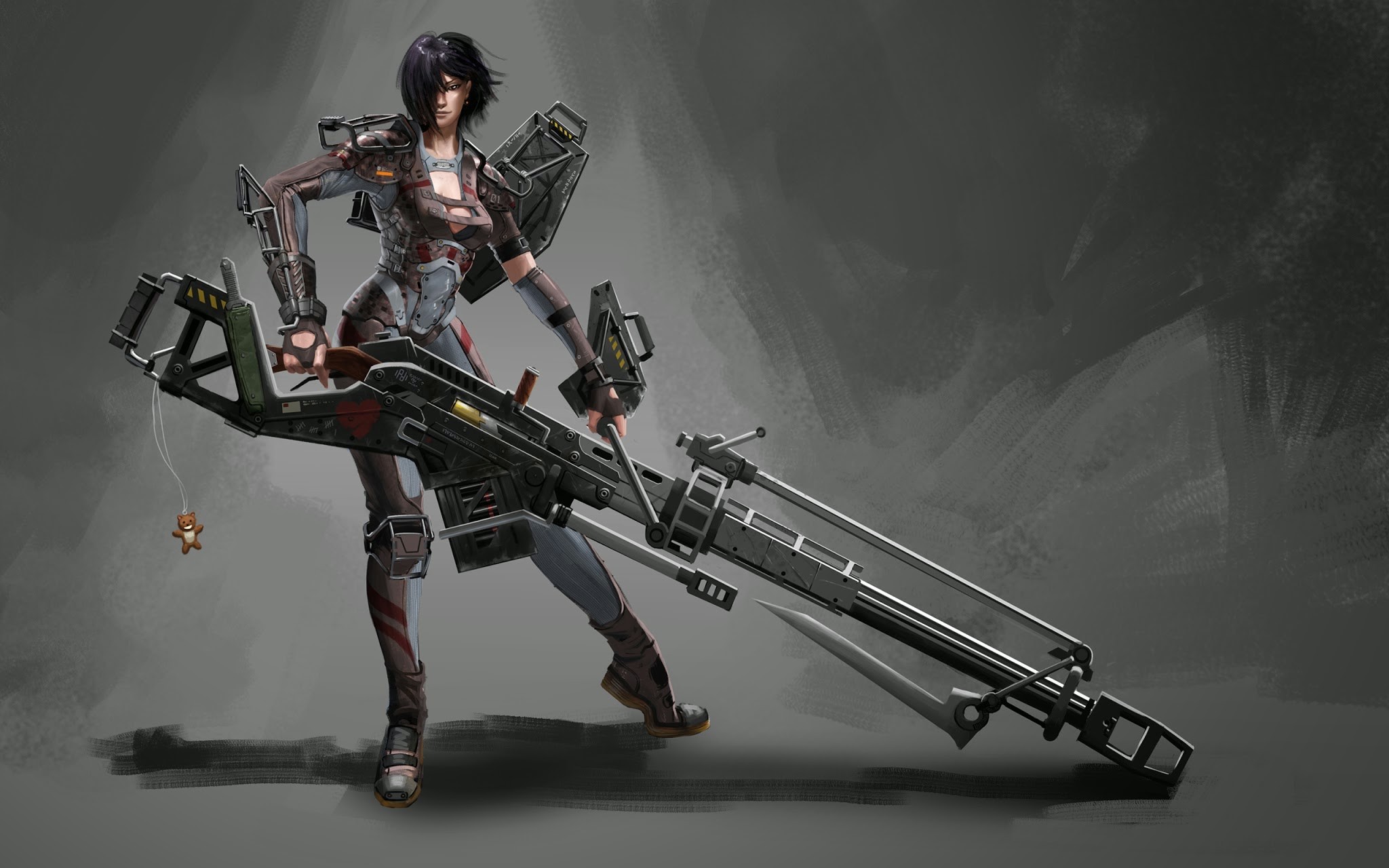 Concept art of a woman with a large weapon HD Wallpaper