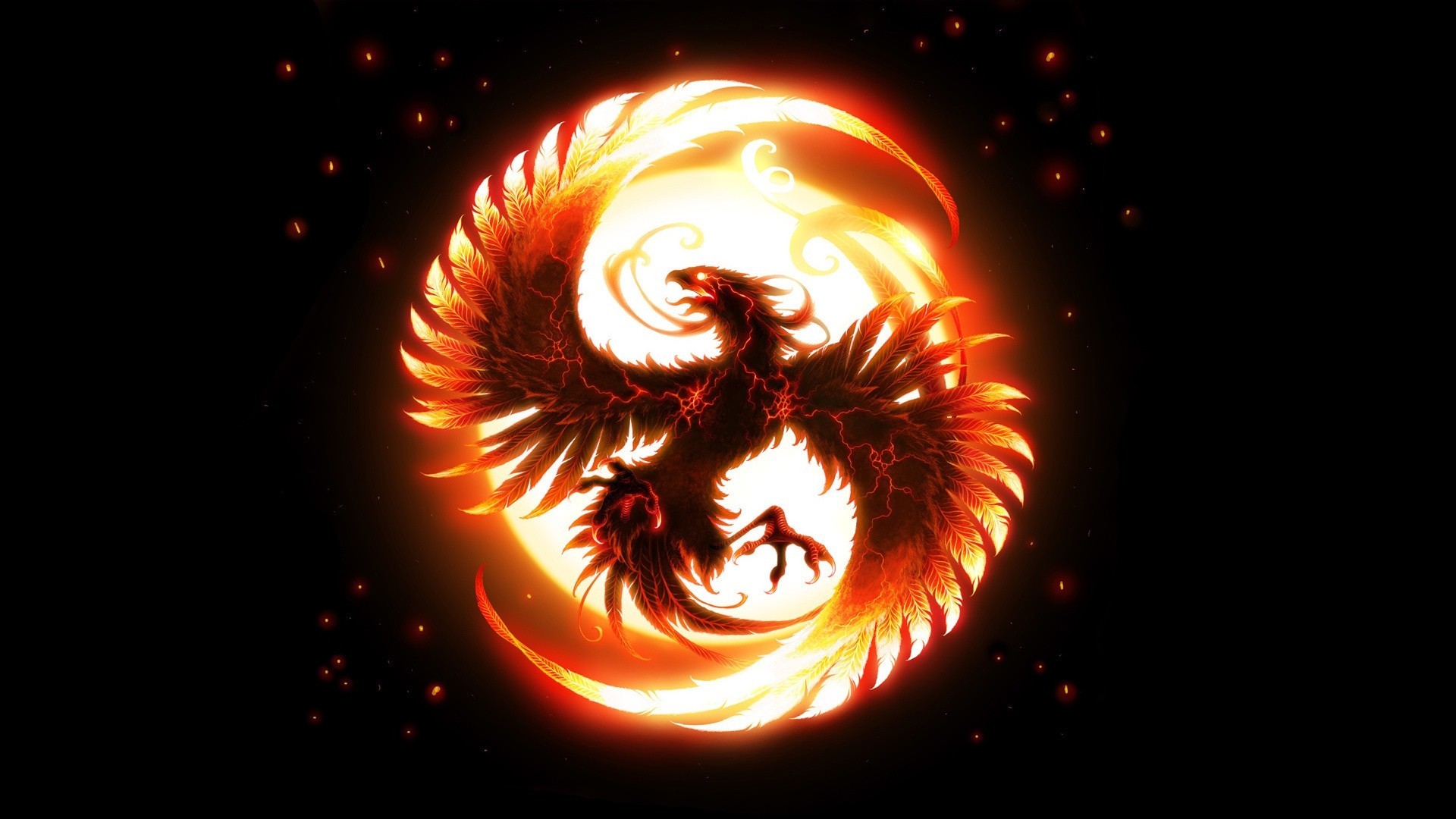 Phoenix in front of a glowing crescent moon HD Wallpaper