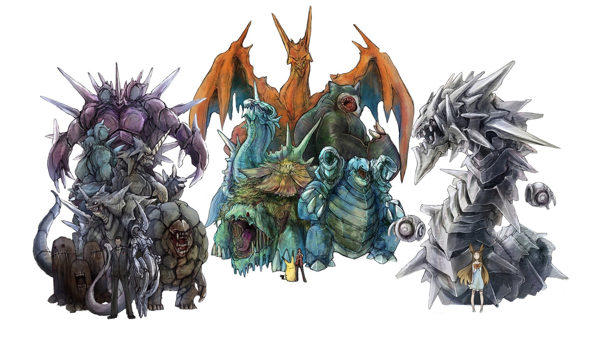 Pokémon characters in a detailed illustration HD Wallpaper