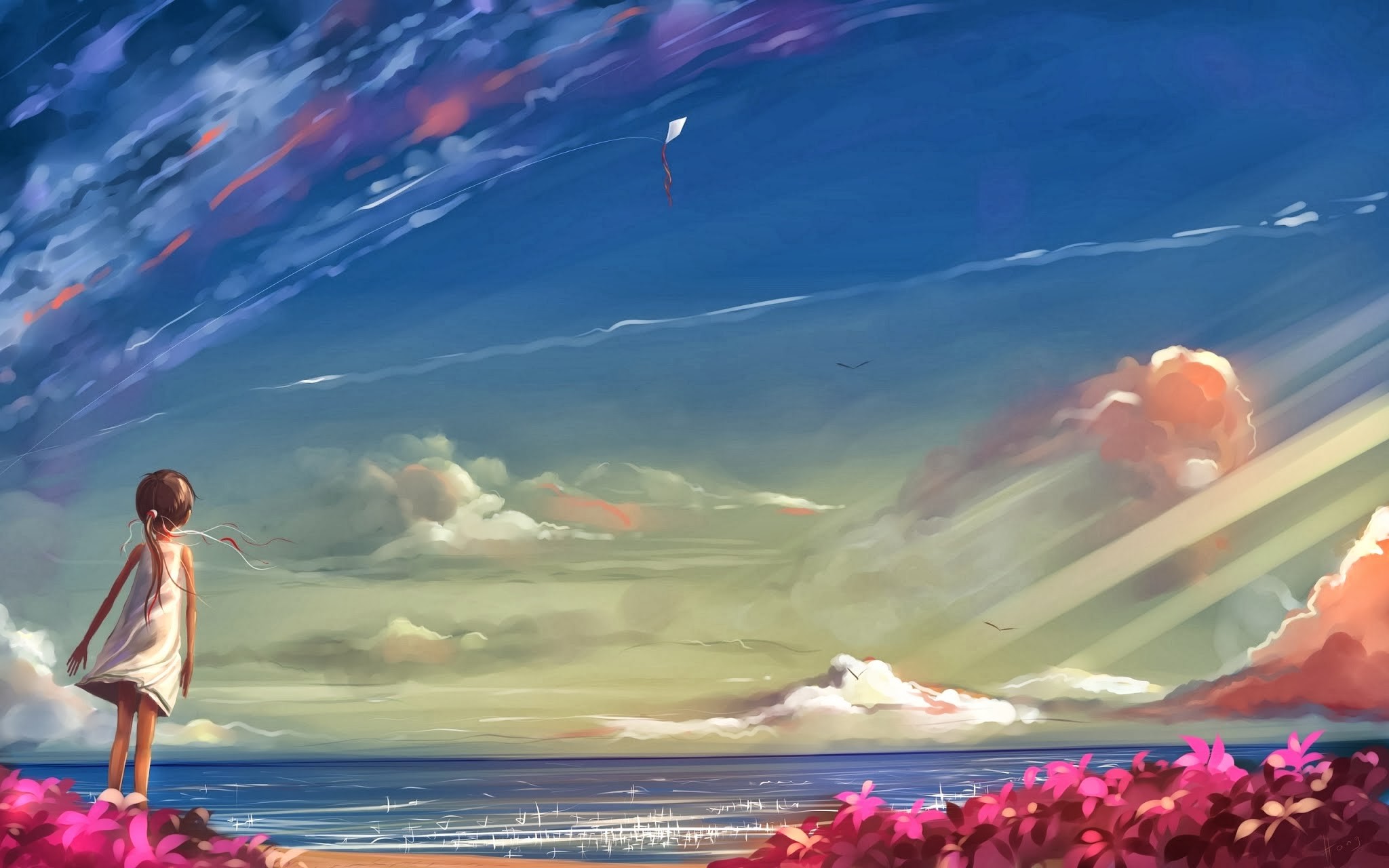 Anime girl flying a kite by the sea HD Wallpaper