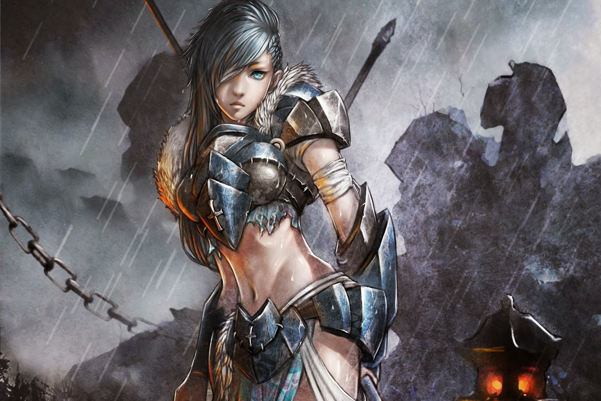 Fantasy girl warrior in armor in the rain HD Wallpaper
