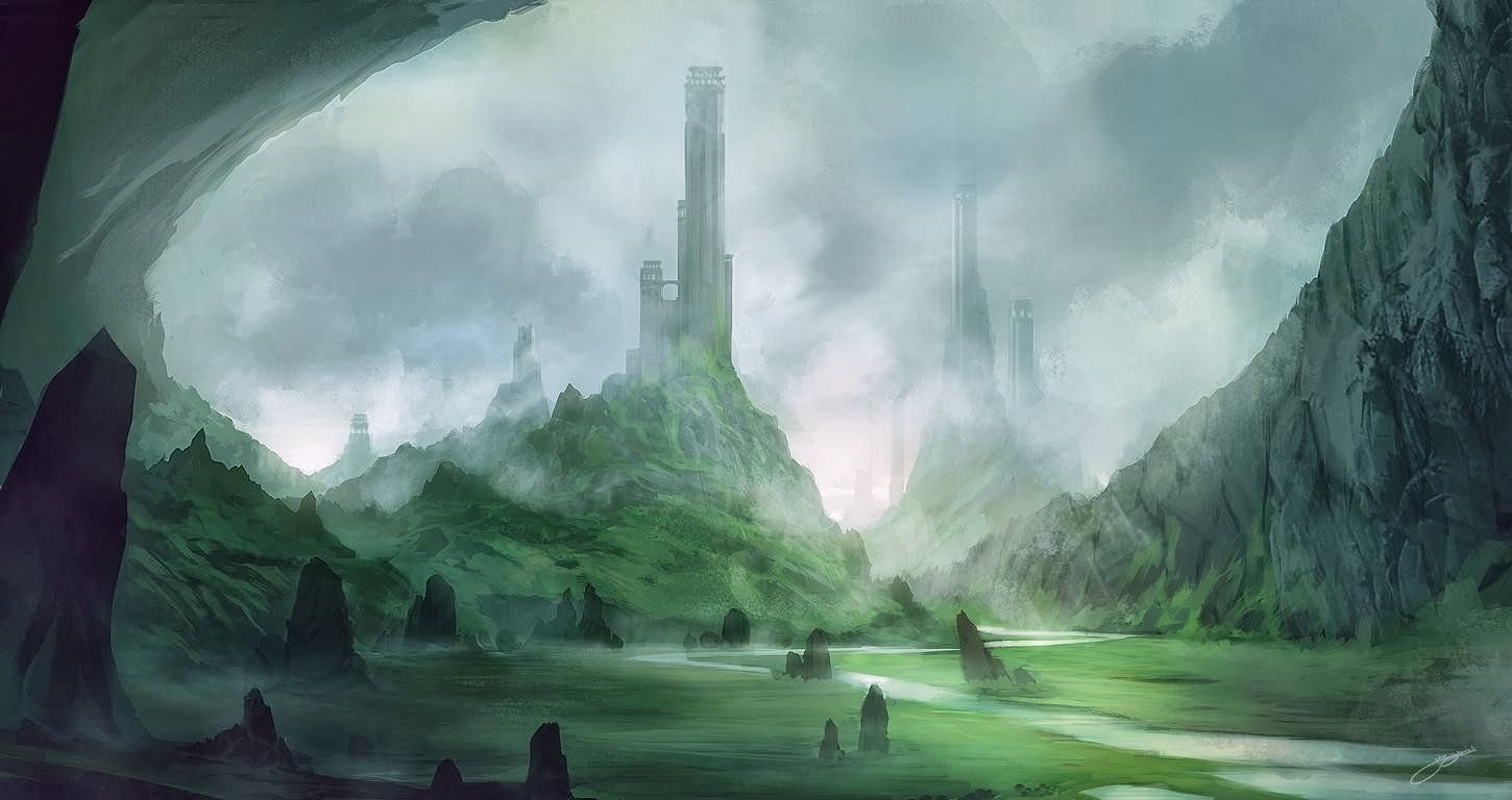 Fantasy landscape with ancient towers and misty mountains HD Wallpaper