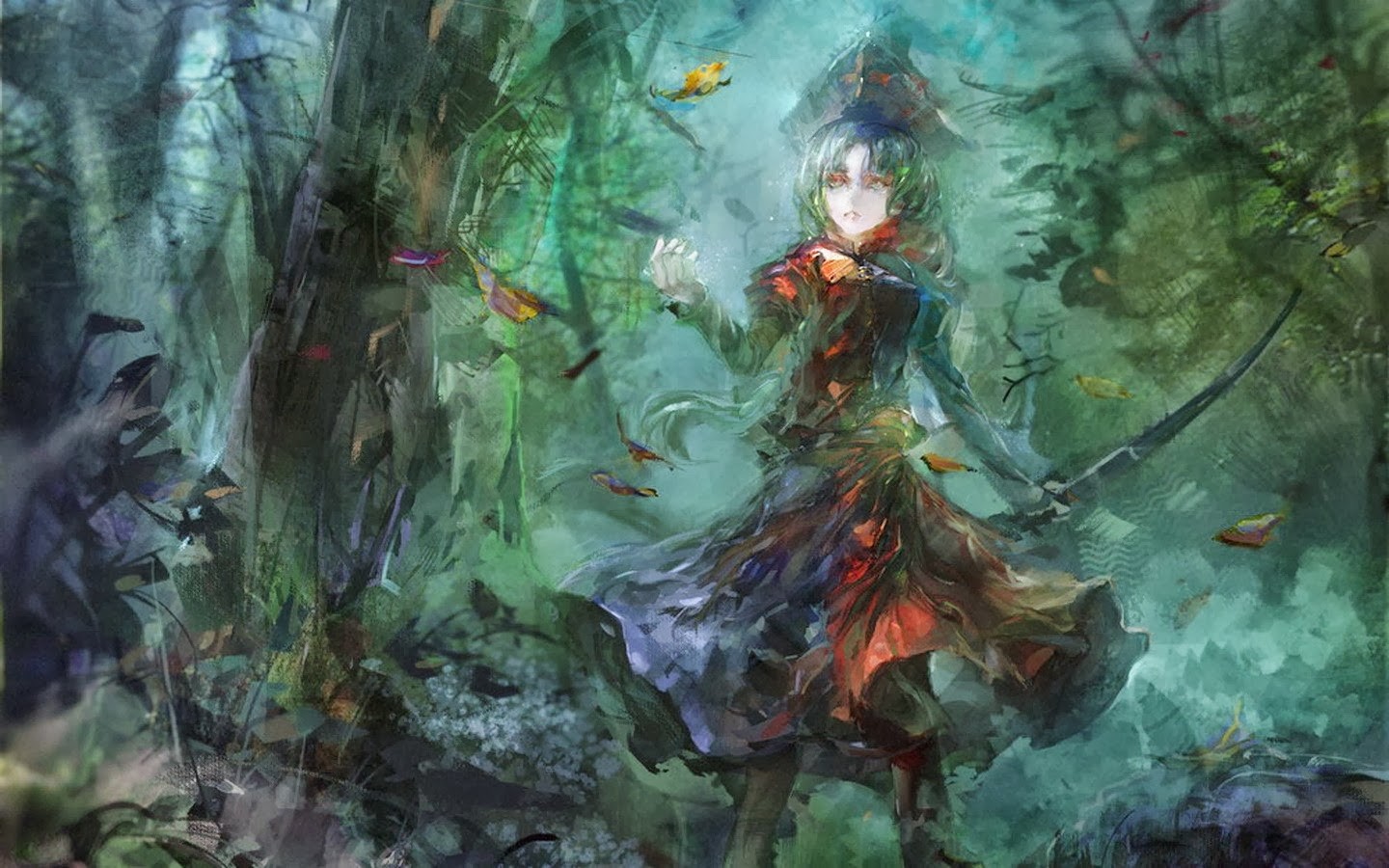 Anime girl in a dark, magical forest HD Wallpaper